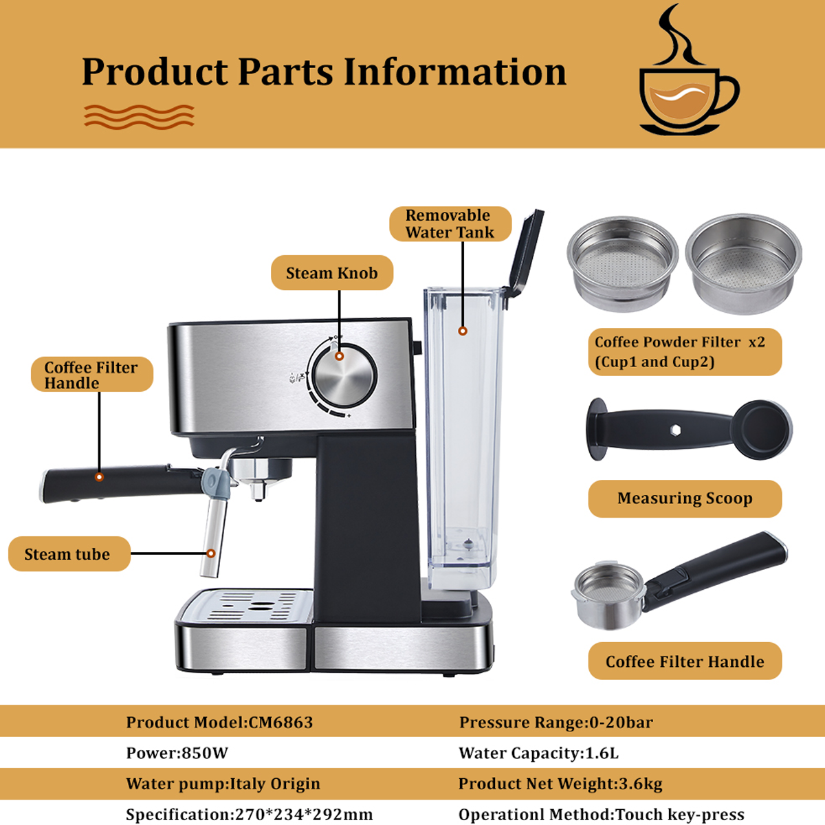 Información de piezas de cafetera. Incluye perilla de vapor, mango del filtro de café y depósito de agua extraíble.