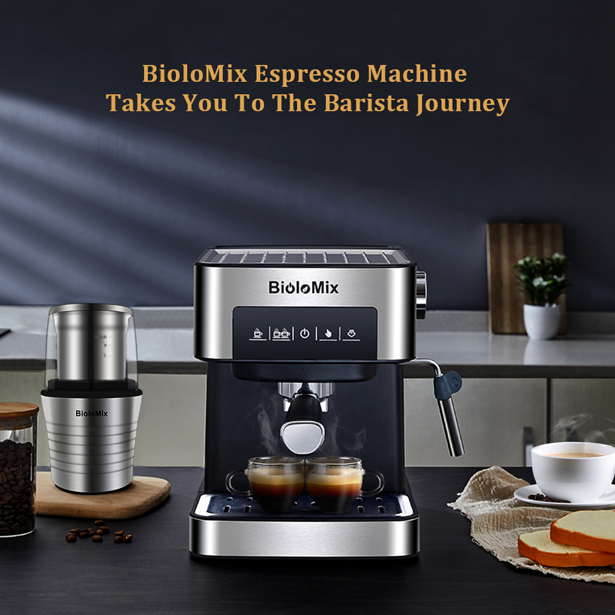 Máquina de espresso con molinillo. Está sobre una mesa con granos de café y pan.