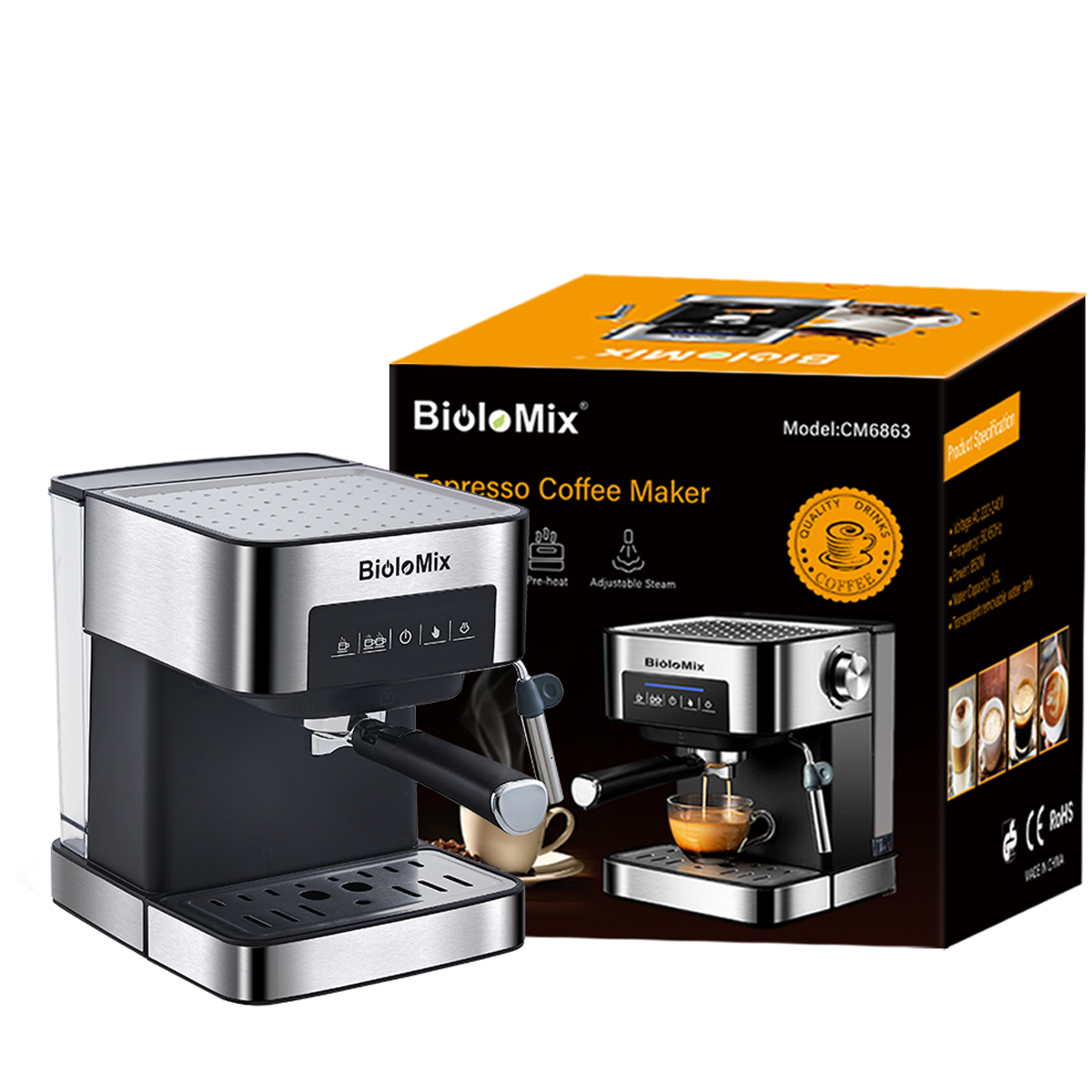 Una cafetera espresso con una caja que muestra el producto, diseño plateado y negro.