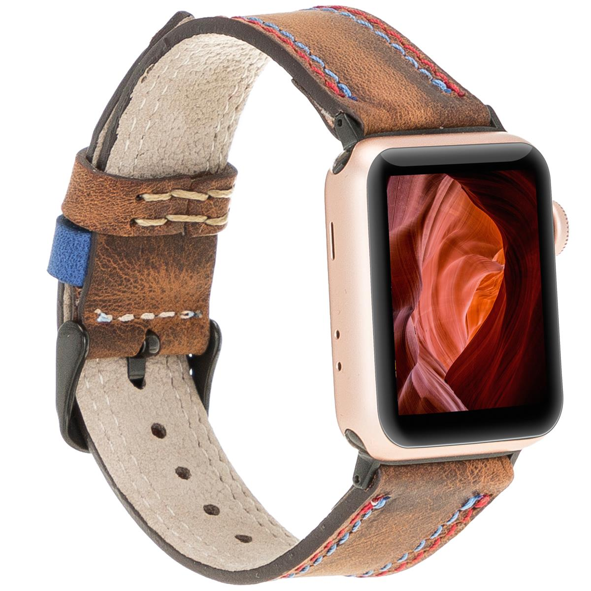 Coffee/Rot/Blau BURKLEY Vorgängerversionen Wechsel-Armband, Apple, 8 Leder Watch, der alle Series Apple und Ersatzband, Vintage