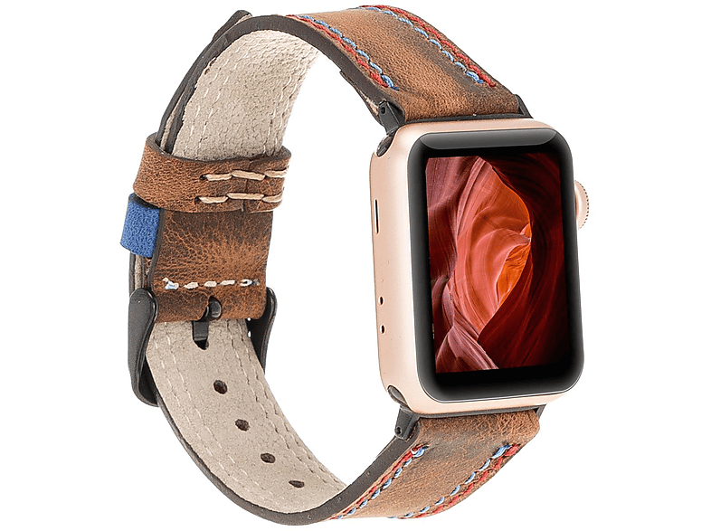BURKLEY Vintage Leder Wechsel-Armband, Ersatzband, Apple, Series 8 und alle Vorgängerversionen der Apple Watch, Coffee/Rot/Blau