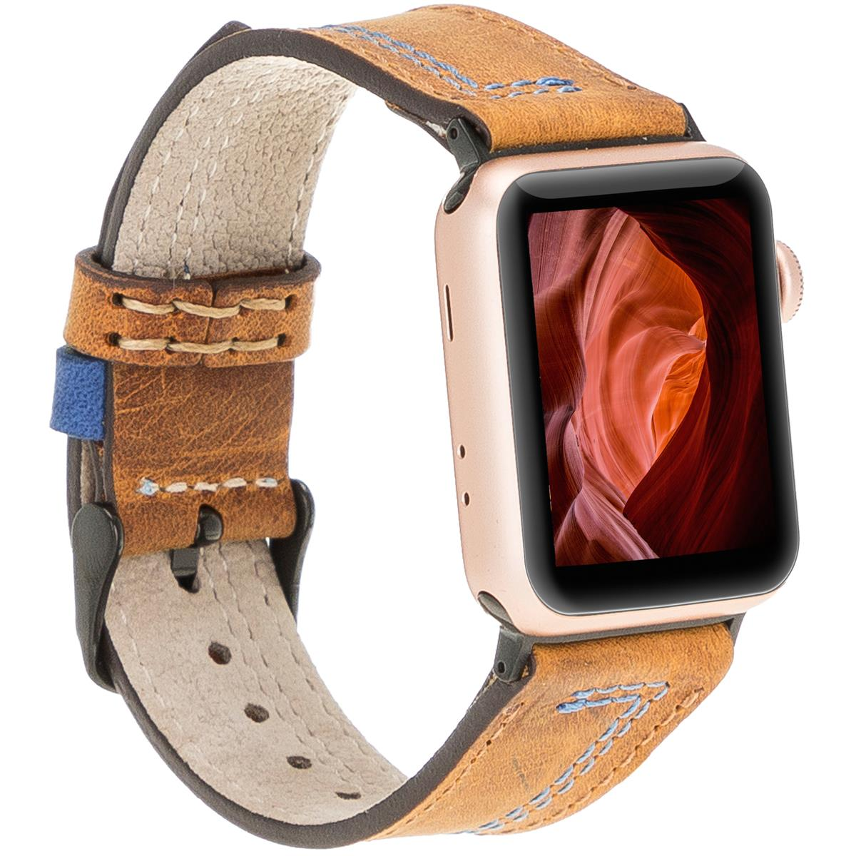 BURKLEY Vintage Apple, der Apple Antik Wechsel-Armband, Ersatzband, Leder Series Vorgängerversionen alle und Camel/Blau Watch, 8