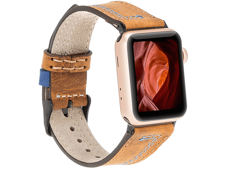 BURKLEY Vintage Leder Wechsel-Armband, der Ersatzband, alle Apple Antik Camel/Blau Vorgängerversionen und Apple, Series Watch, 8