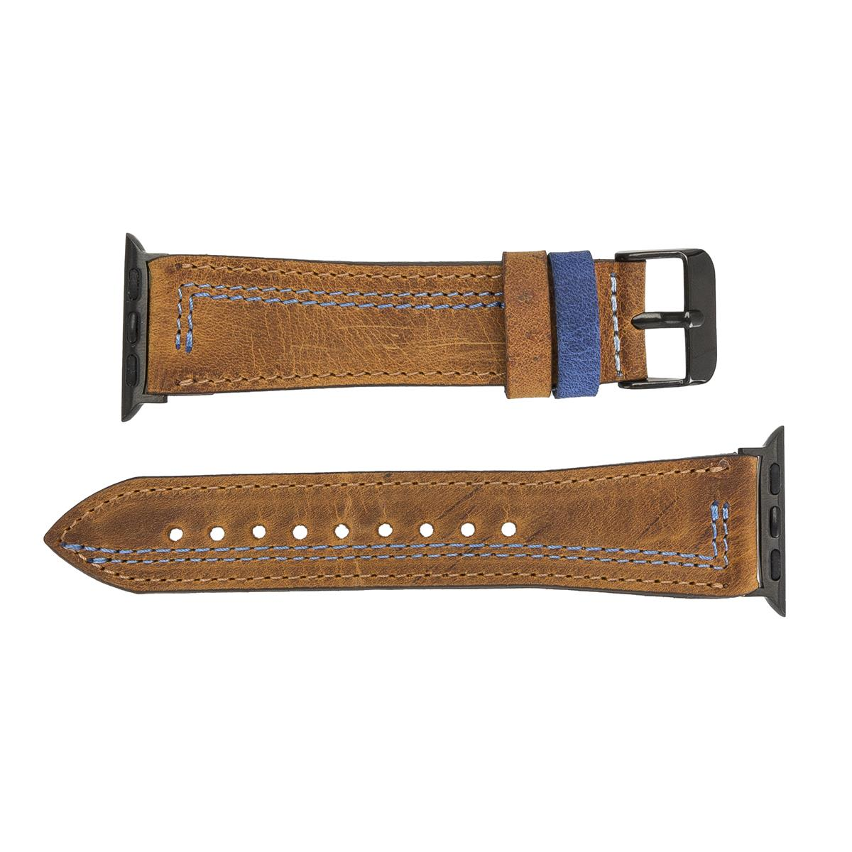 BURKLEY Vintage Leder Wechsel-Armband, der Ersatzband, alle Apple Antik Camel/Blau Vorgängerversionen und Apple, Series Watch, 8
