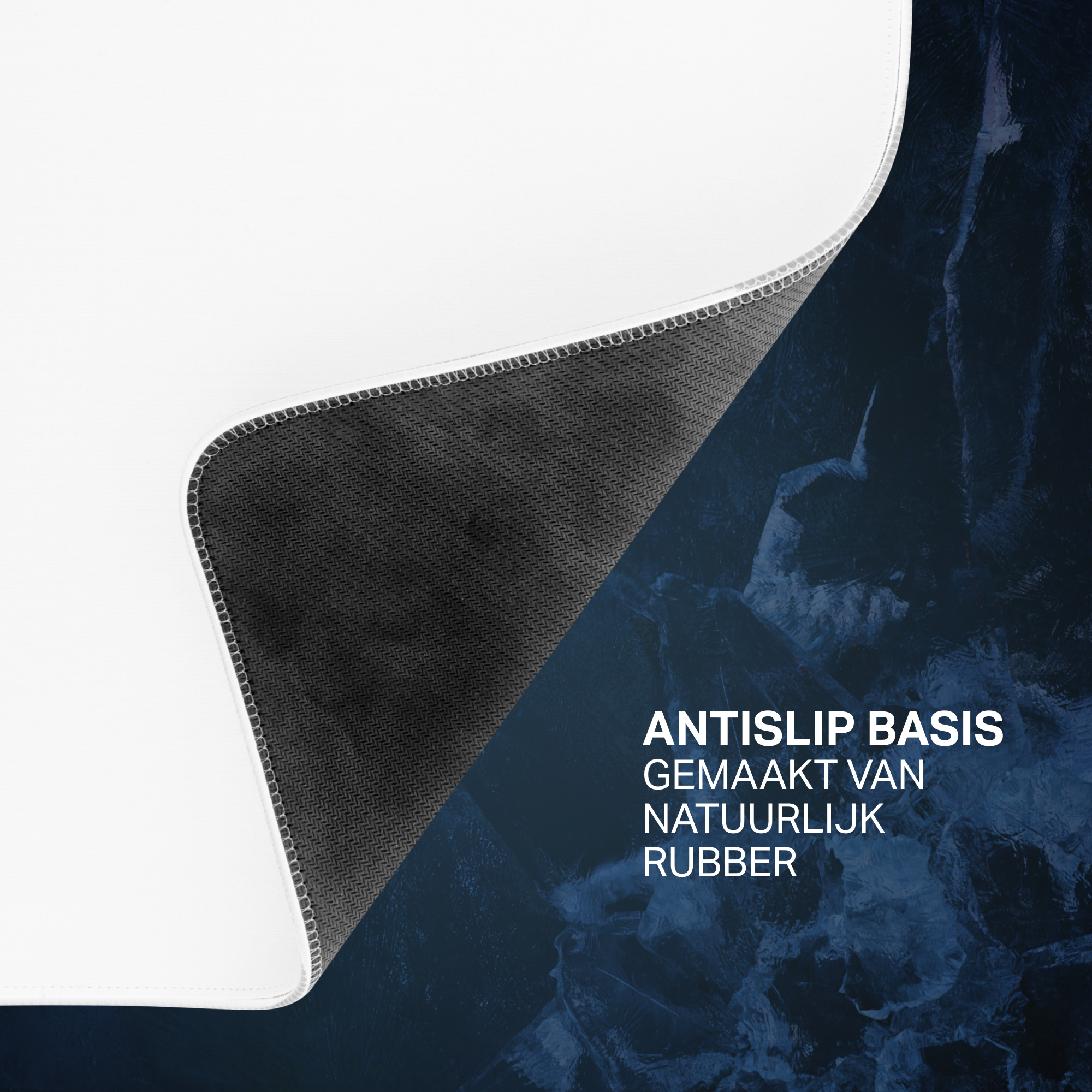 White and dark blue mousepad with text: ANTISLIP BASIS MADE FROM NATURAL RUBBER.