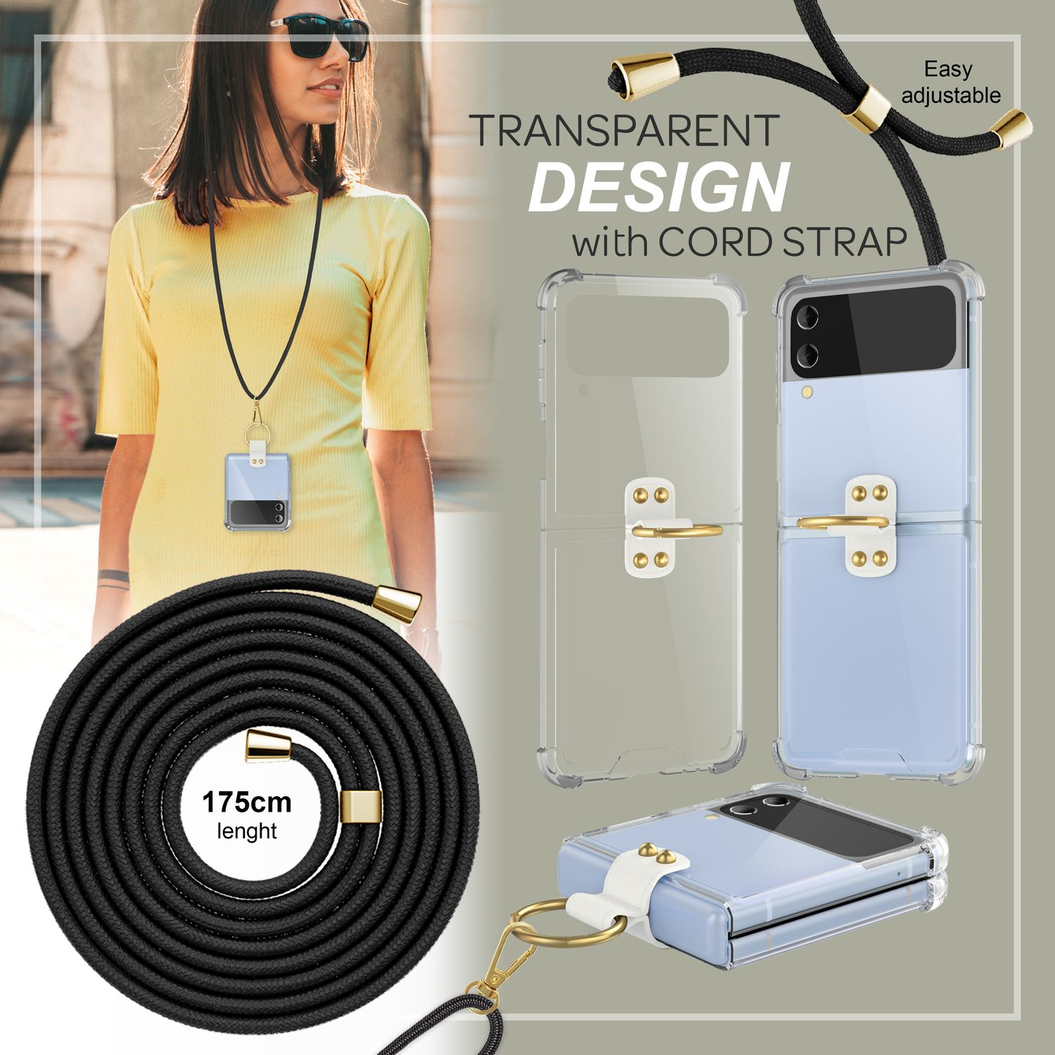 Frau mit Handy im Case am Schlüsselband, Handy- und Case-Design, Produktanzeige.