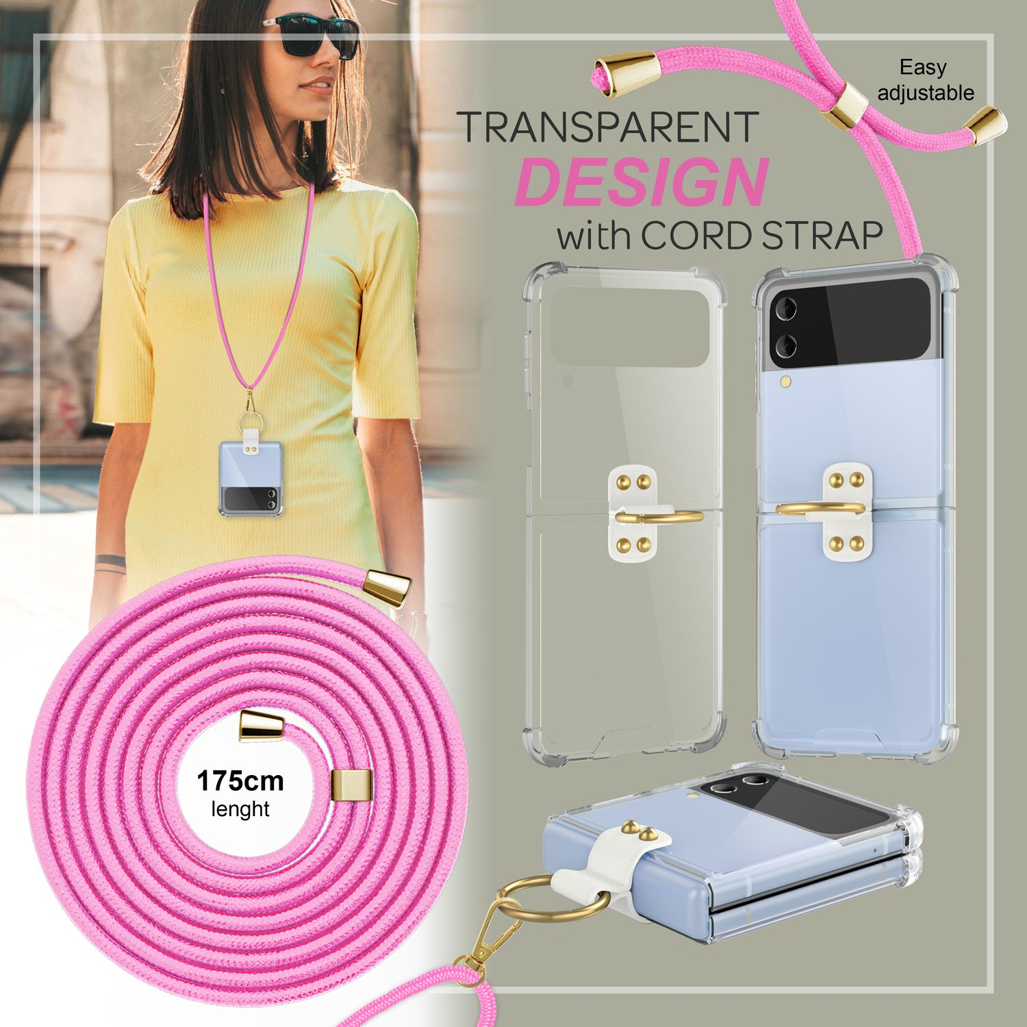Frau mit Sonnenbrille, rosa Handyhülle und rosa Band. Hüllen werden gezeigt. Text auf dem Bild.