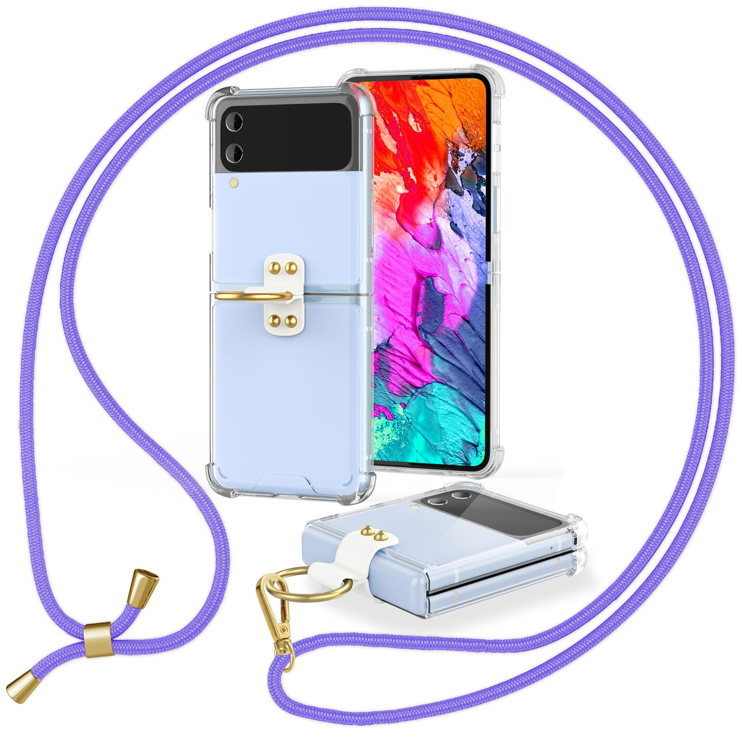 Hellblaues Samsung Galaxy Z Flip-Telefon mit Hülle und lila Kordel. Ein weiteres Telefon und eine Hülle sind ebenfalls vorhanden.