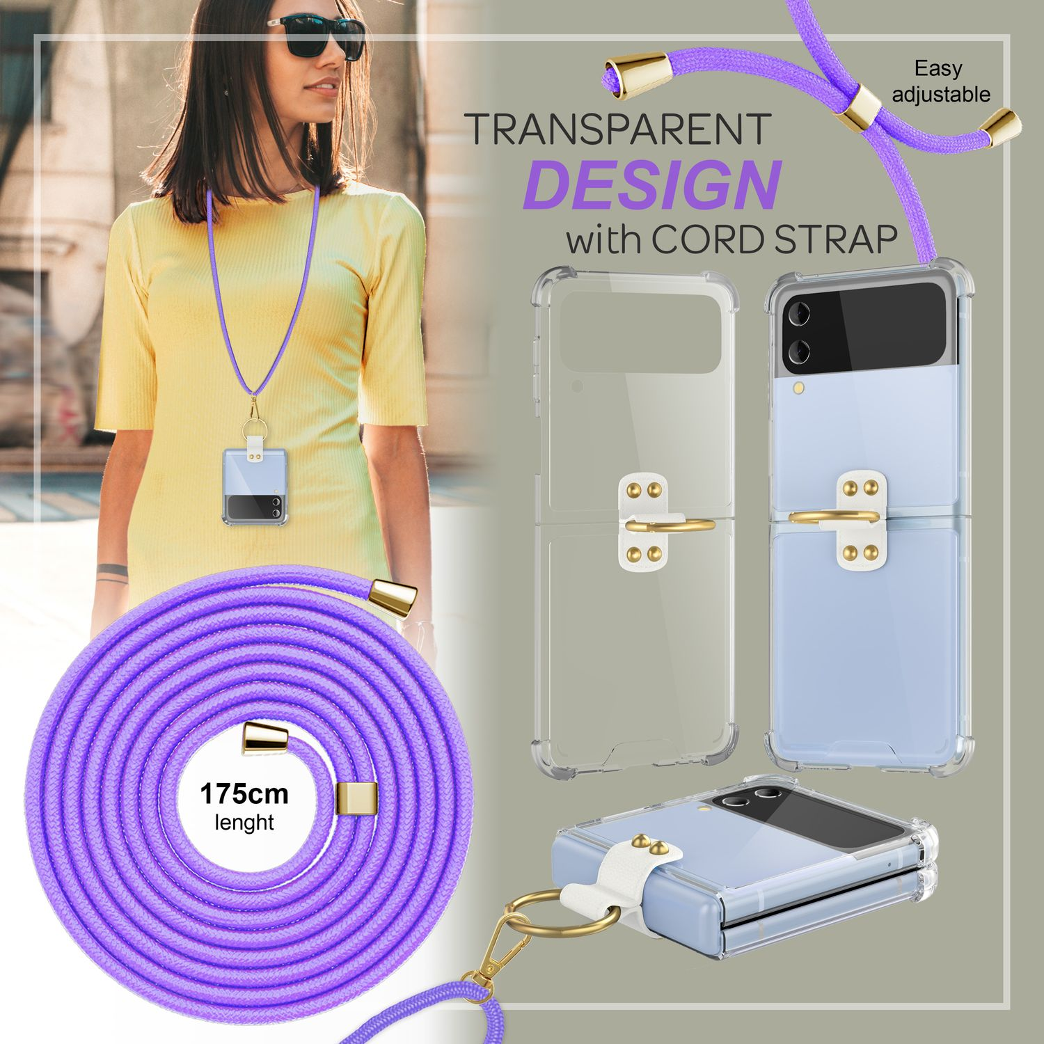 Eine Frau mit Handyhülle an lila Kordel. Handyhülle mit Telefon gezeigt.