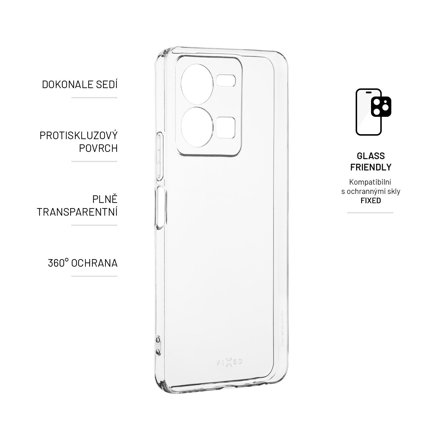 Transparente Handyhülle. Die Hülle ist klar, zeigt das Telefondesign und hat Etiketten.