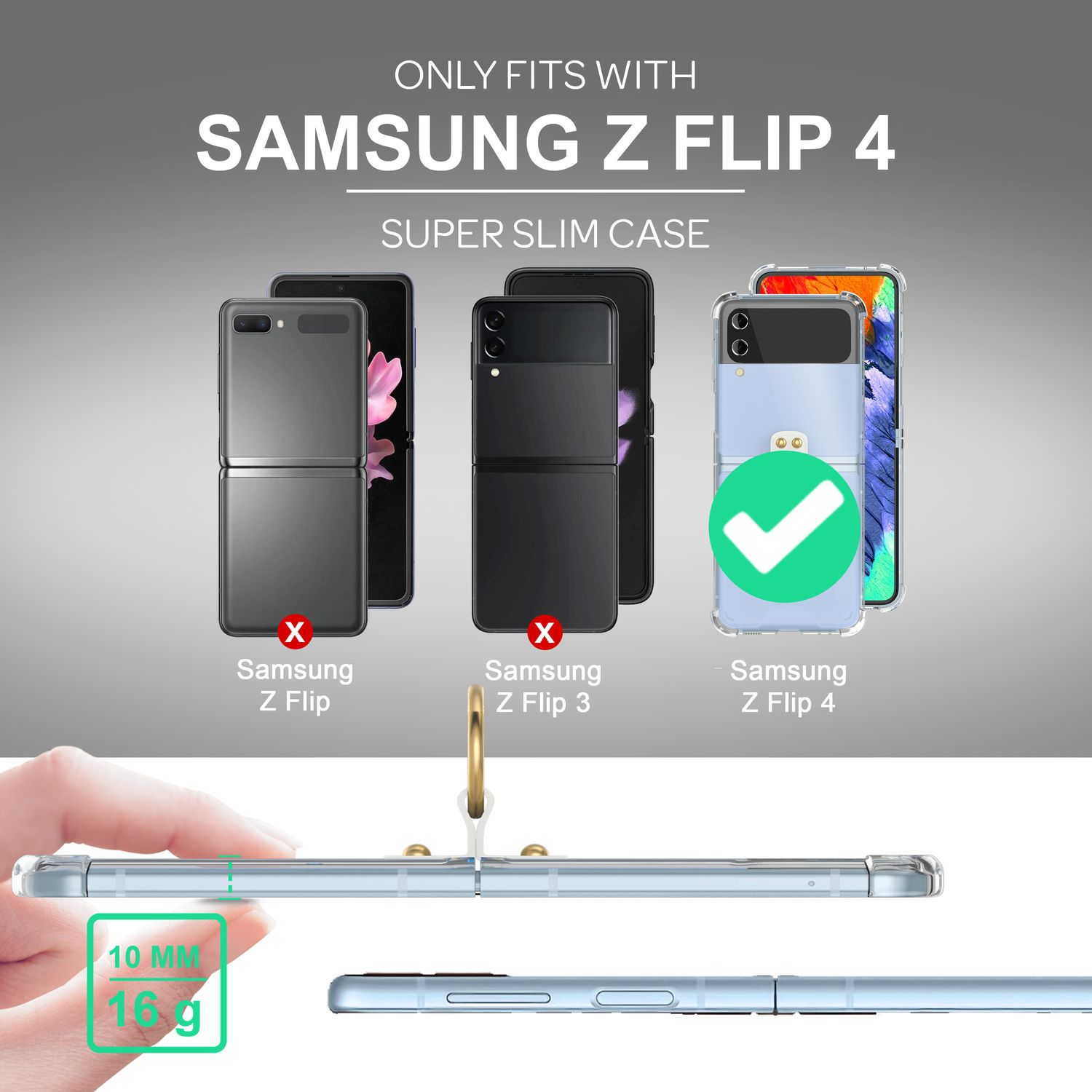 Bilder von Samsung Z Flip-Telefonen, mit einem grünen Häkchen auf der kompatiblen Z Flip 4-Hülle.