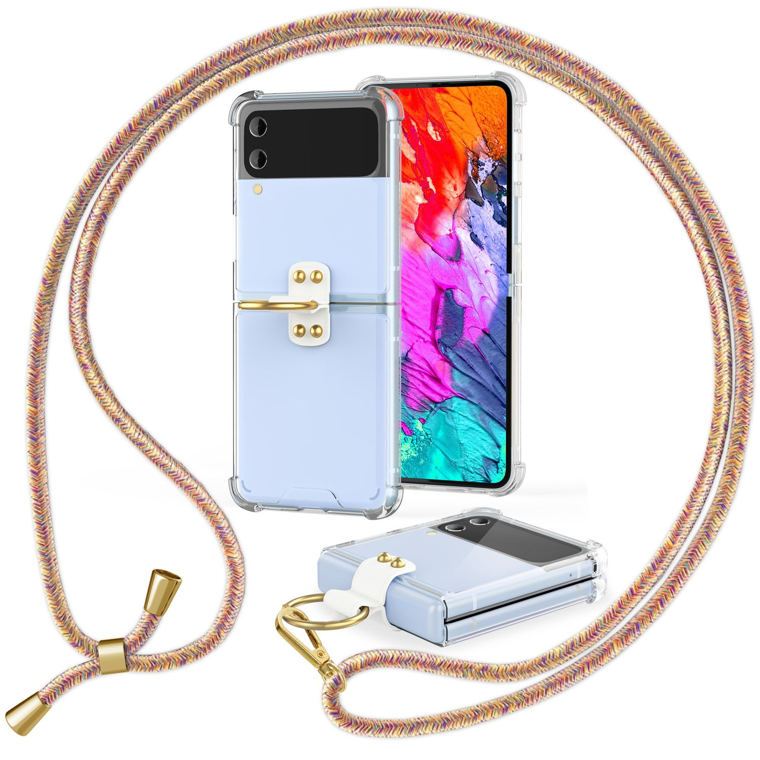 Eine blaue Handyhülle mit Lanyard und eine transparente Handyhülle. Auf weißem Hintergrund.