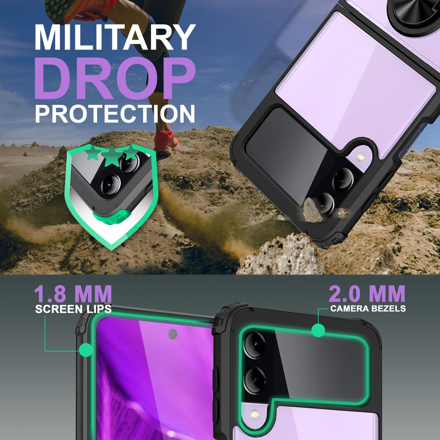 Eine Handyhülle mit einem Telefon, mit militärischem Fallschutz und Details zur Bildschirmkante.