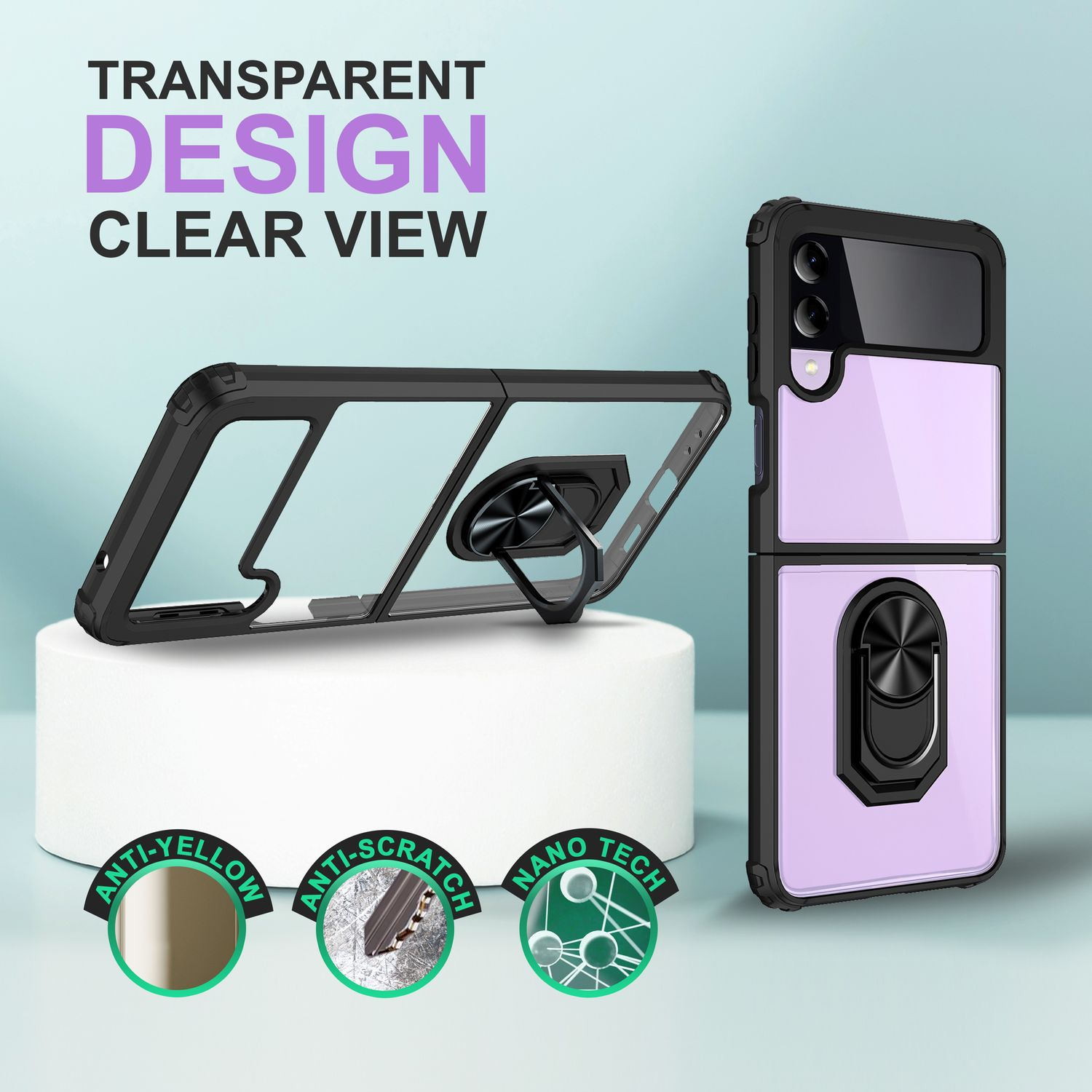 Transparente Handyhülle mit Ring, schwarzer Rahmen, Anti-Gelb und Kratzer.
