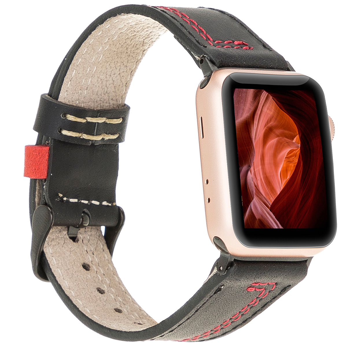 BURKLEY Vintage Leder Apple Vorgängerversionen Ersatzband, Watch, Apple, 8 und der Series alle Schwarz/Rot Wechsel-Armband