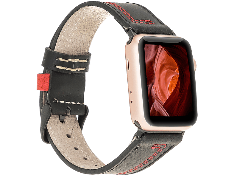 Watch, 8 und Vorgängerversionen der Series Vintage BURKLEY Wechsel-Armband, Apple Leder Schwarz/Rot Apple, Ersatzband, alle