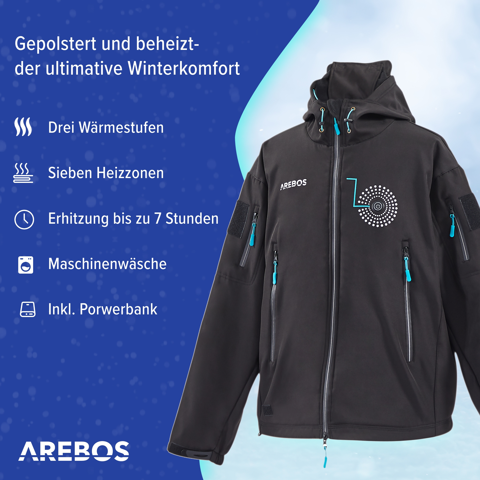 Schwarze Jacke mit Text und Symbolen. Zeigt Heizzonen, Maschinenwäsche und eine Powerbank.