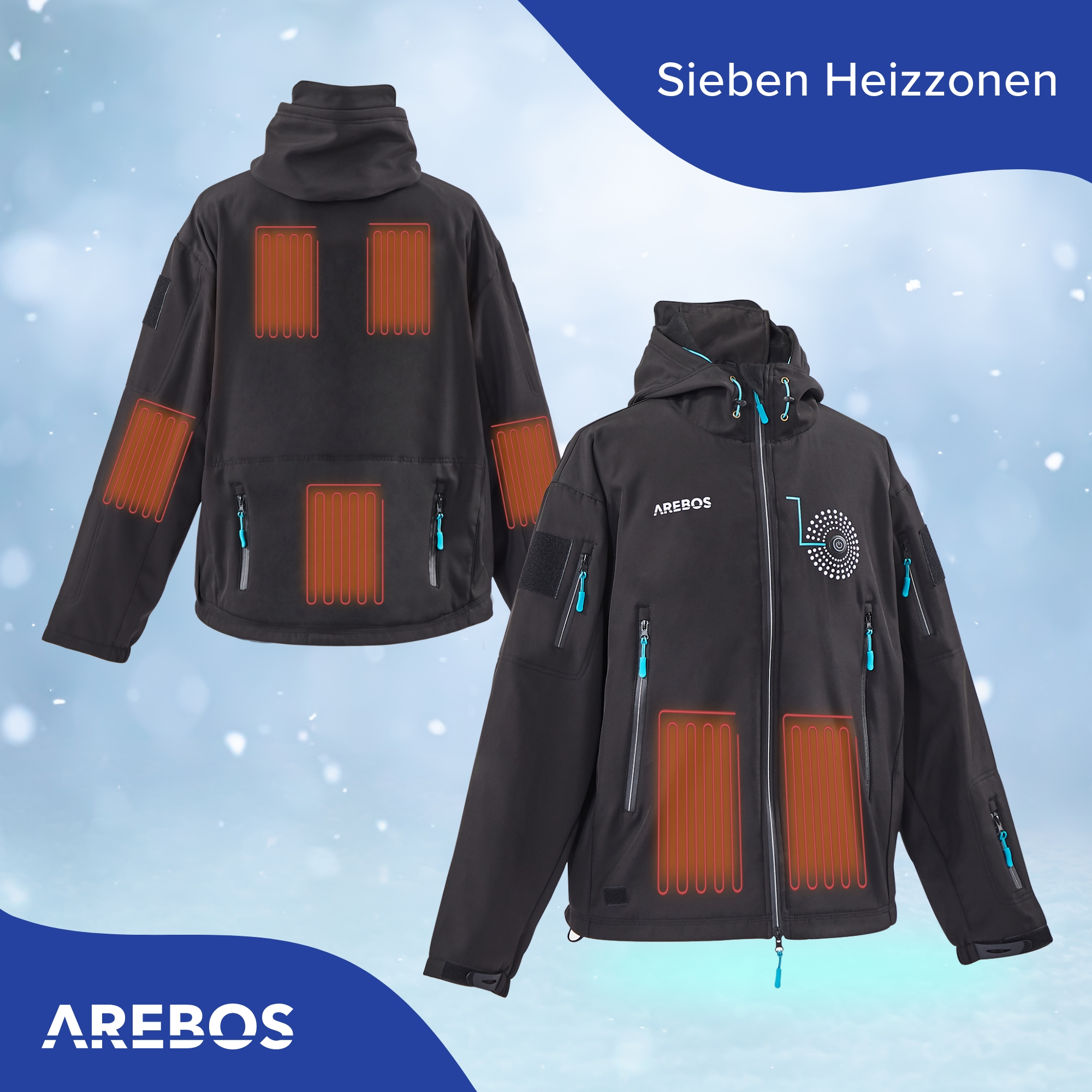 Zwei schwarze beheizte Jacken, Vorder- und Rückansicht, mit Arebos-Logo und Heizzonen.