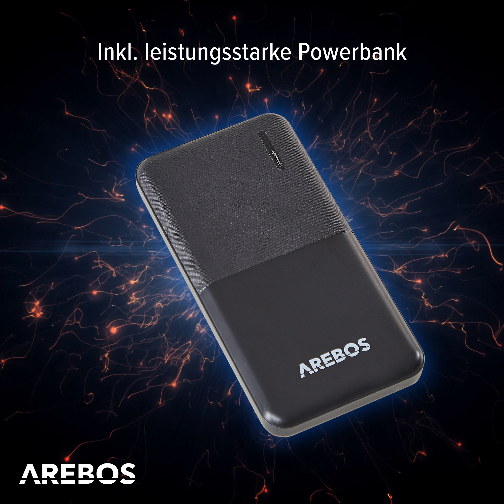 Eine schwarze und graue Powerbank mit AREBOS-Logo, mit blauem Energie-ähnlichen Hintergrund.