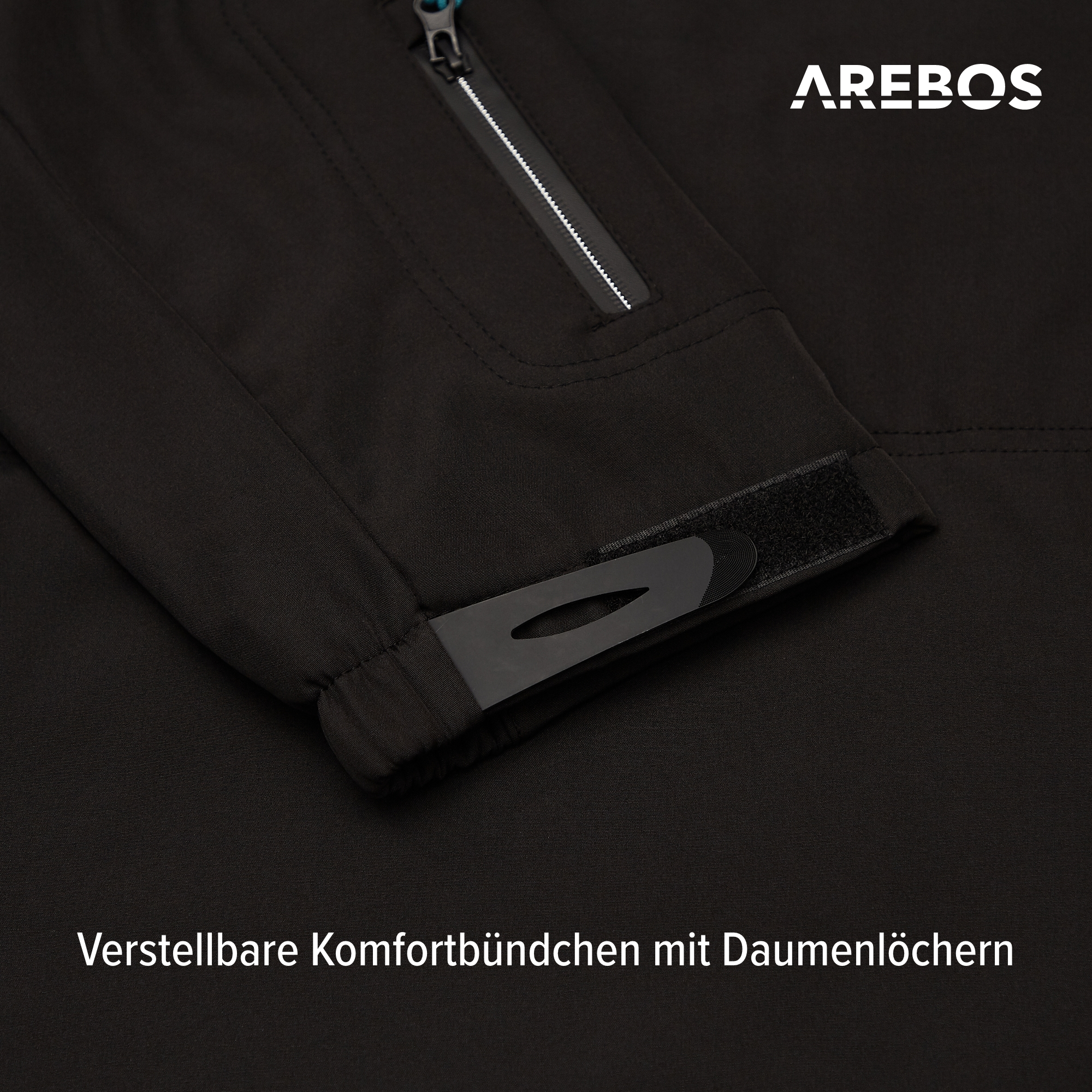 Schwarze Jackenmanschette mit verstellbarem Verschluss. Der Markenname "AREBOS" ist sichtbar.