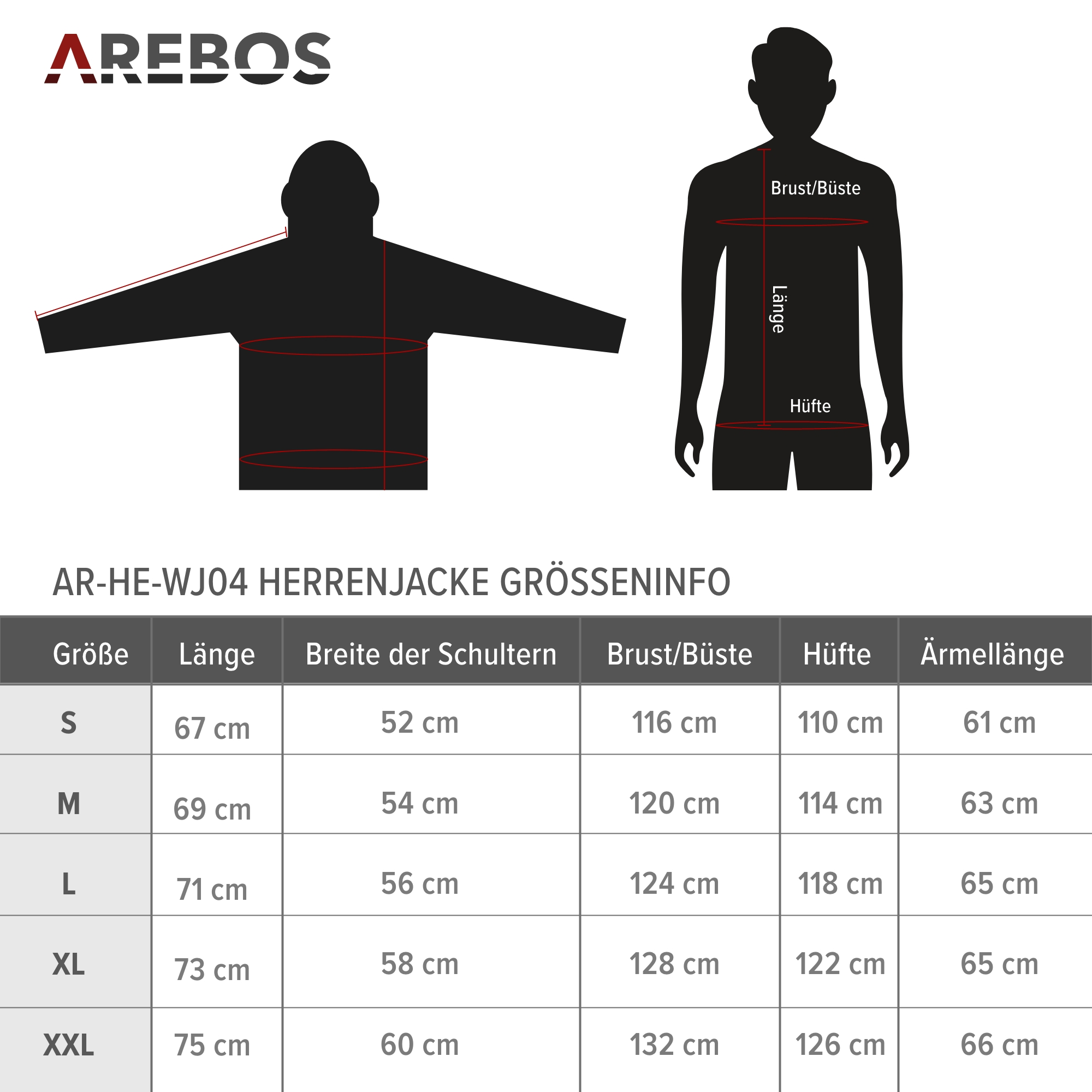 Eine Größentabelle für eine Jacke. Sie enthält Maße für Größe, Länge, Schulterbreite, Brust, Taille und Ärmellänge.