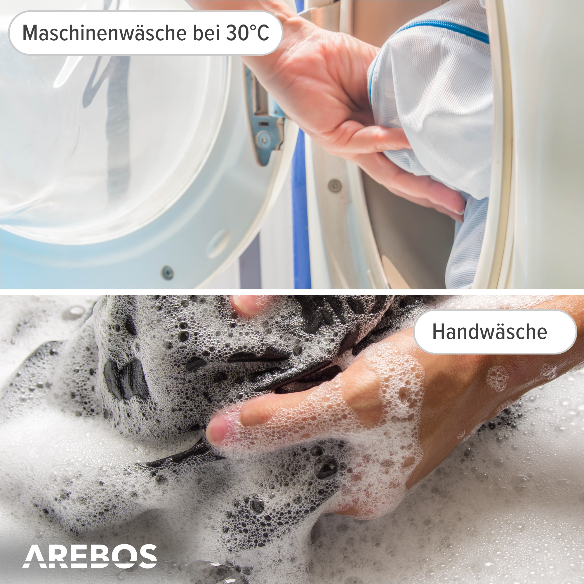 Person wäscht Kleidung in der Waschmaschine und von Hand.