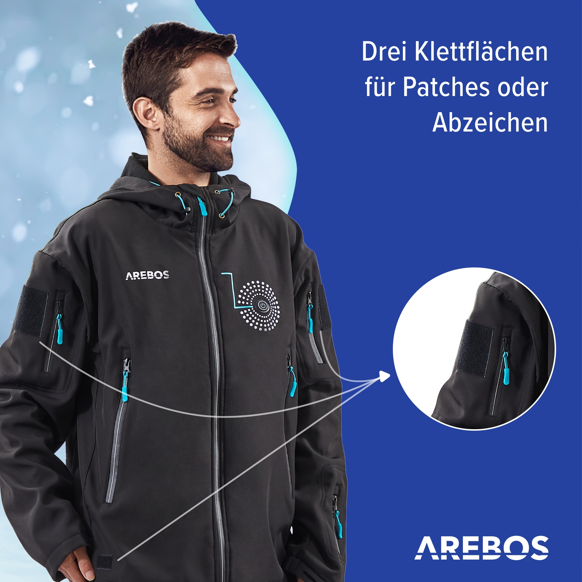 Mann in schwarzer Jacke mit blauen Akzenten. Text: 'Drei Klettflächen für Patches oder Abzeichen'.
