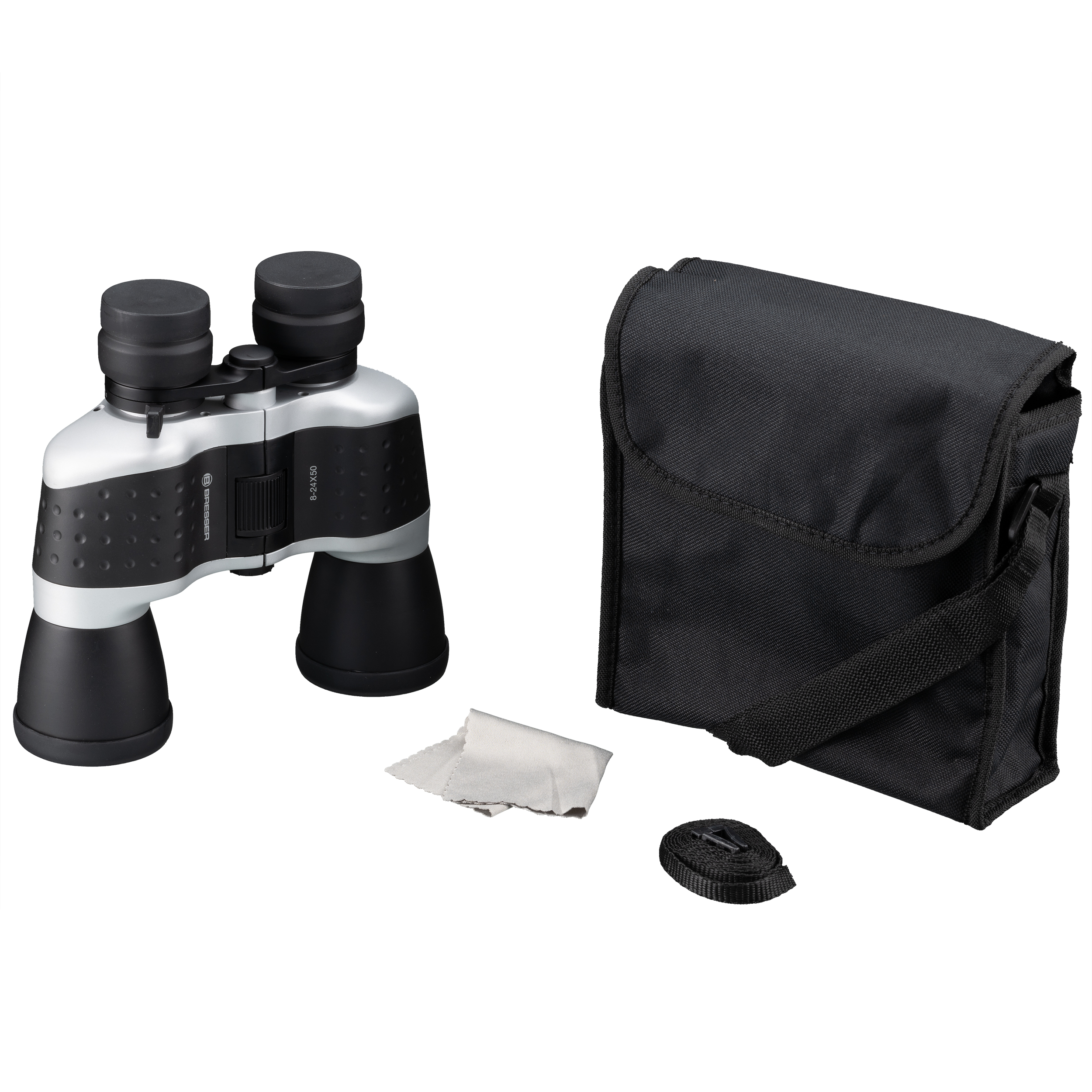 Prismáticos con una bolsa negra y un paño para lentes. Los prismáticos son negros, blancos y plateados.