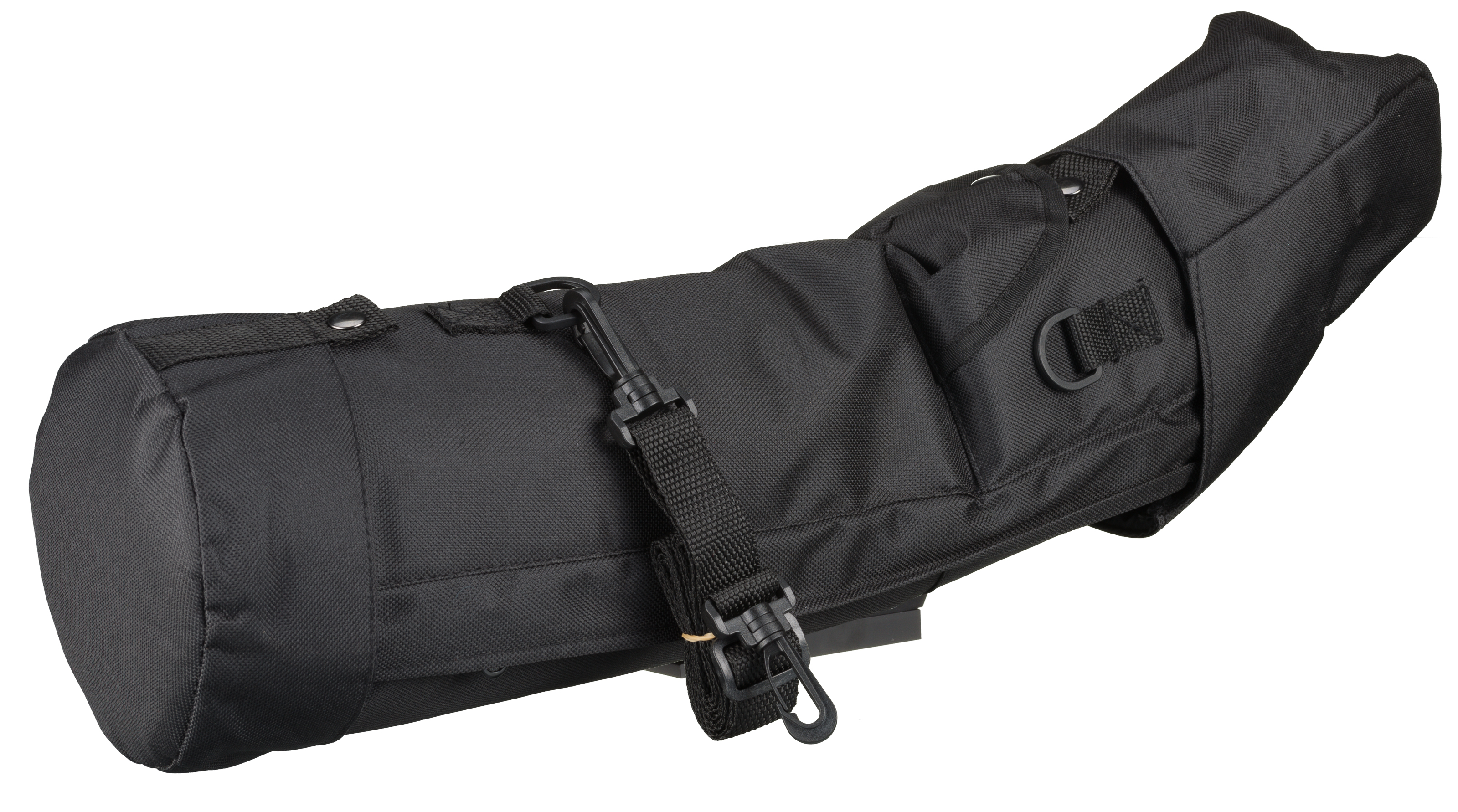 Eine schwarze Tasche für ein Stativ. Es ist lang und zylindrisch. Der Hintergrund ist weiß.