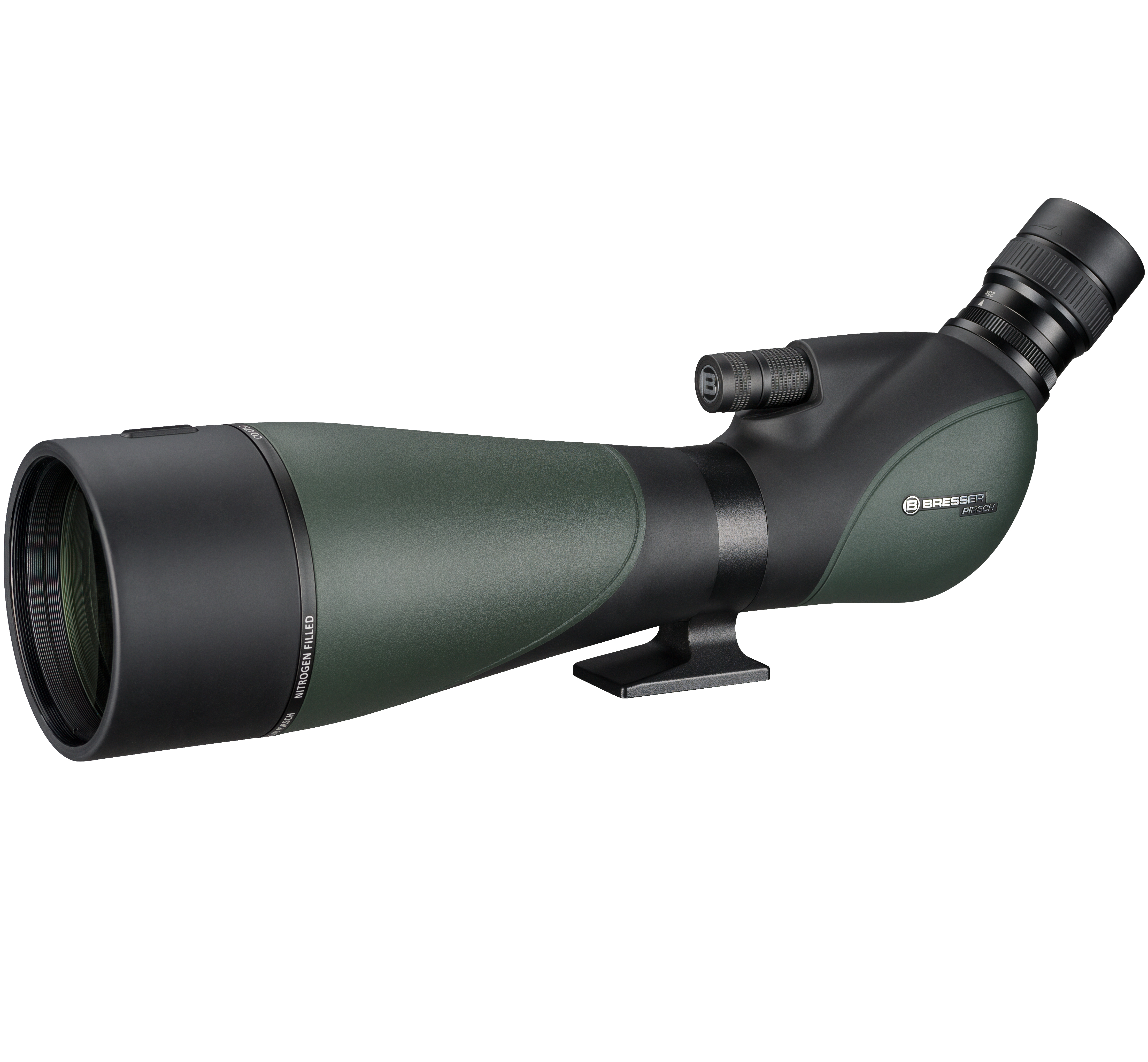 Un telescopio terrestre con un cuerpo verde y negro. El telescopio está sobre un fondo blanco.