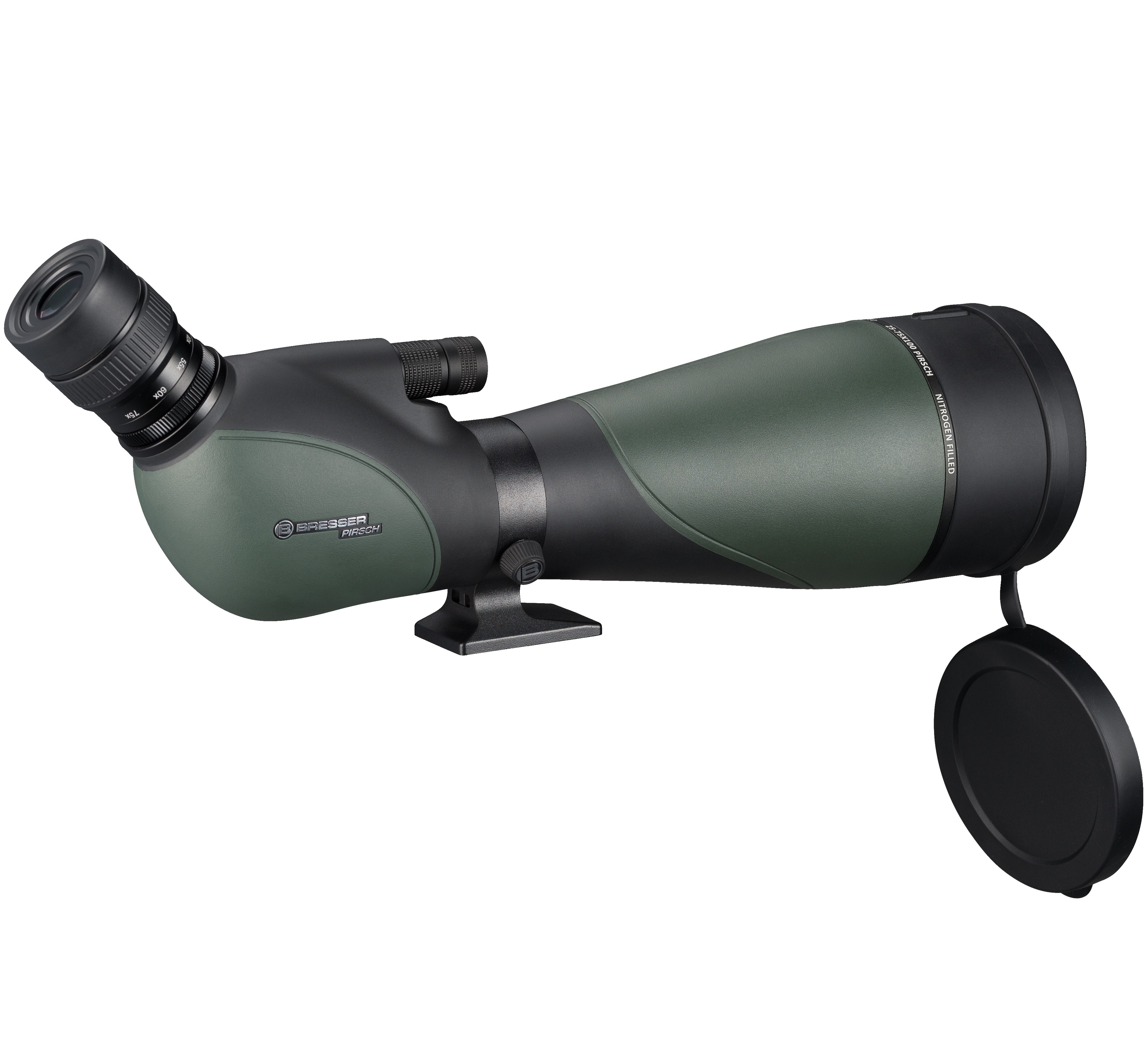 Telescopio terrestre verde y negro, ocular en ángulo, tapa del objetivo, fondo blanco.