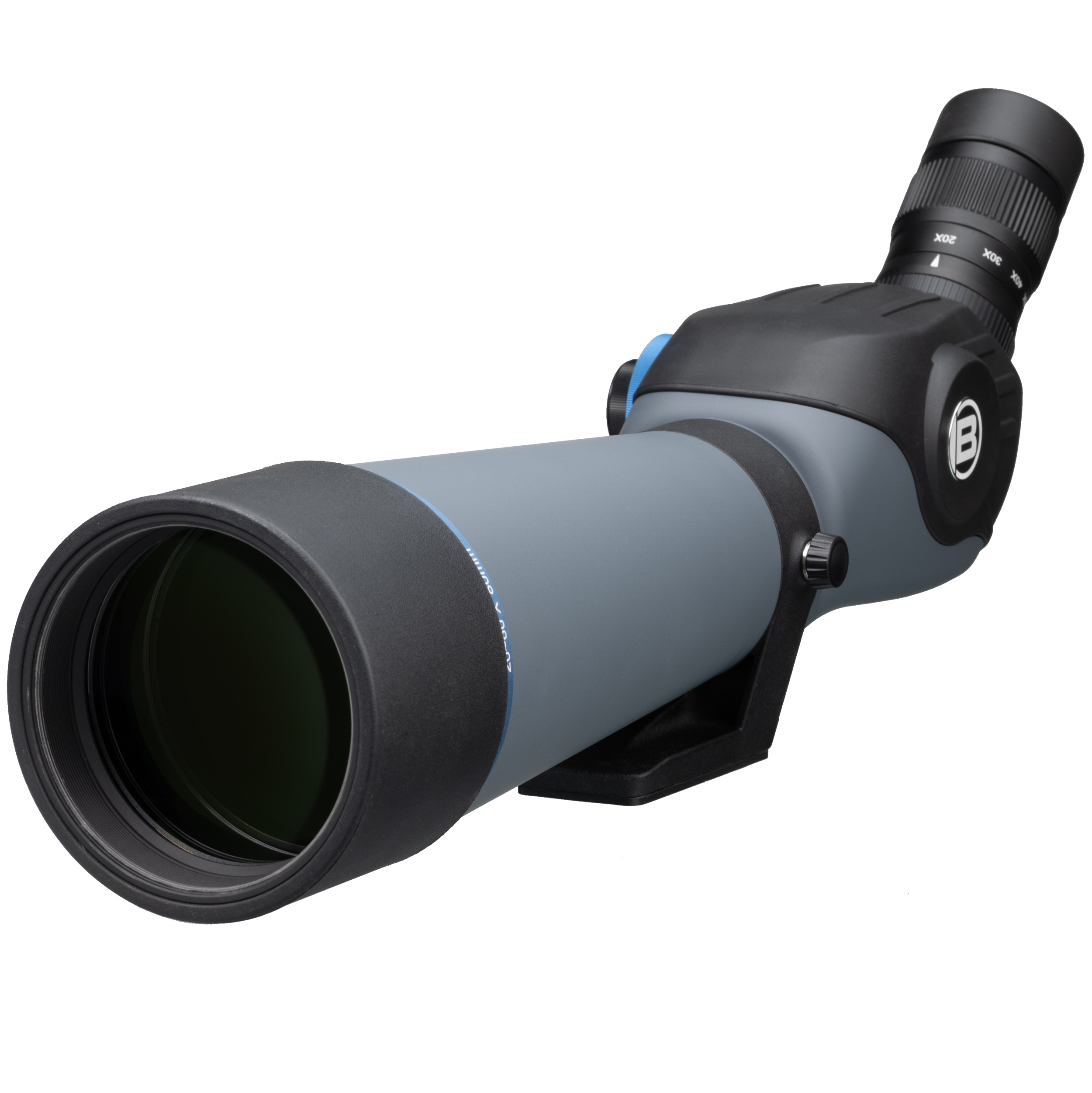 Telescopio terrestre. Cuerpo gris con detalles negros. Cuenta con anillo de enfoque y ocular angular.