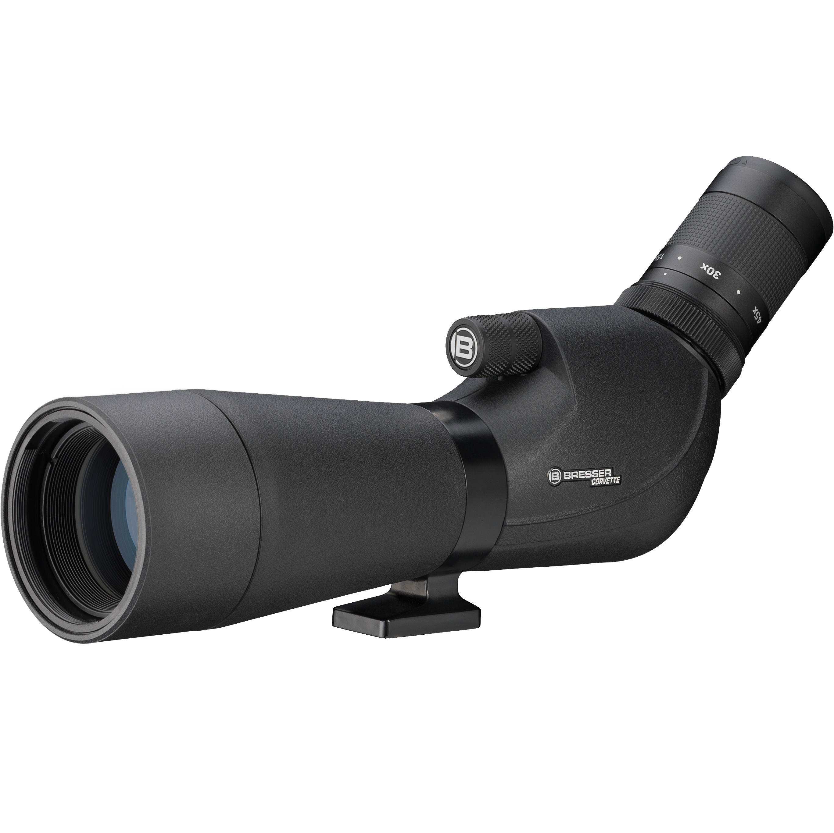 Un telescopio terrestre negro con lente, anillo de enfoque y ocular angular, sobre superficie blanca.