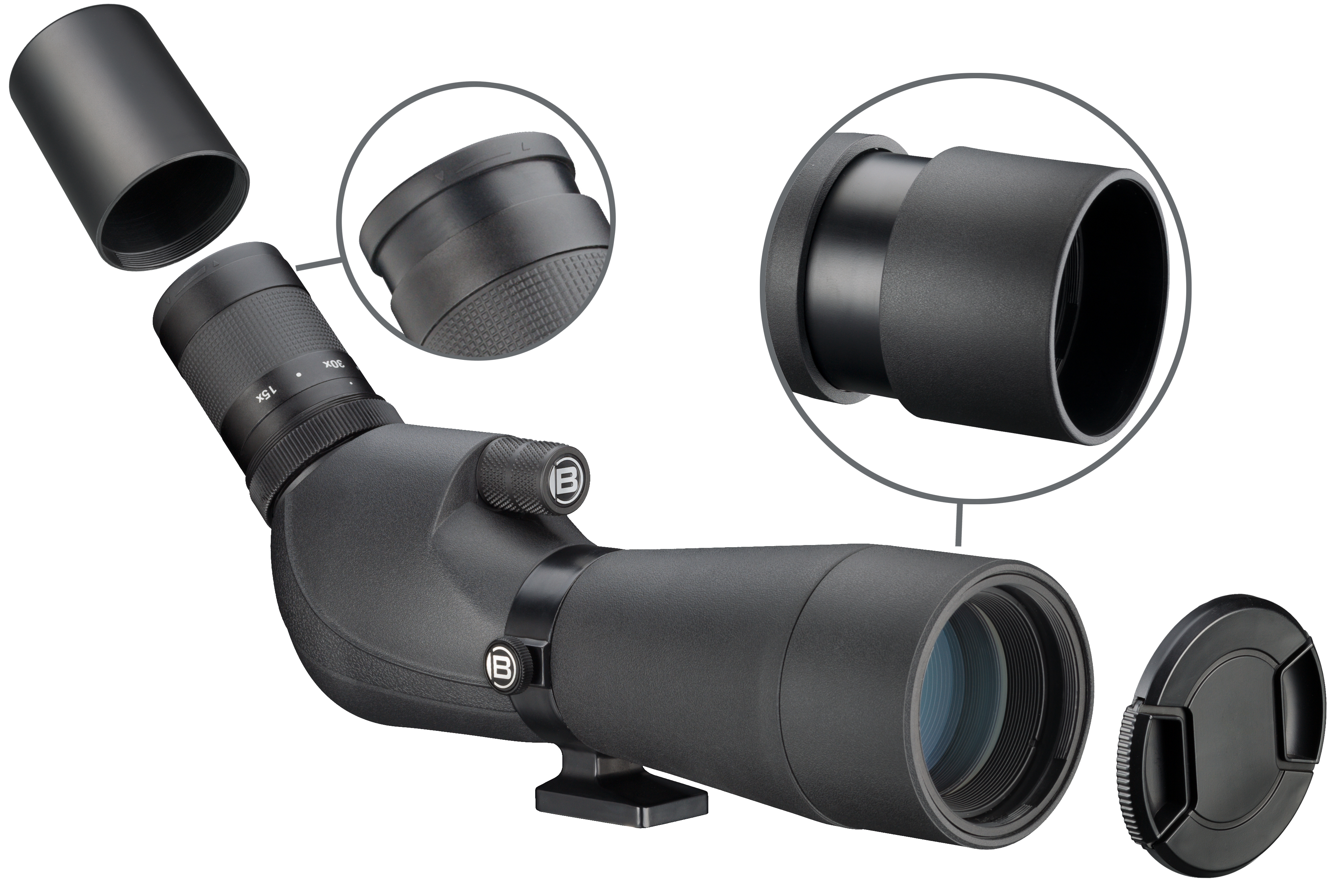 Un telescopio terrestre negro con partes desmontables, incluyendo tapas y lentes, sobre blanco.