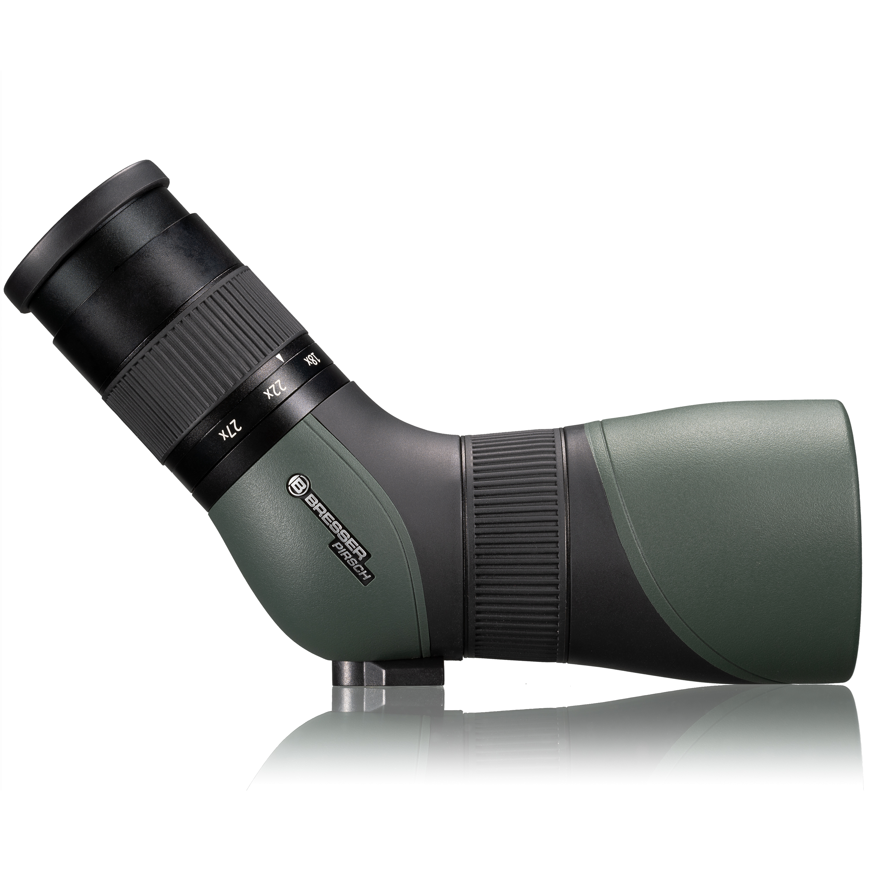 Un telescopio terrestre verde y negro, en ángulo, con anillo de enfoque y ajustes de zoom ajustables.