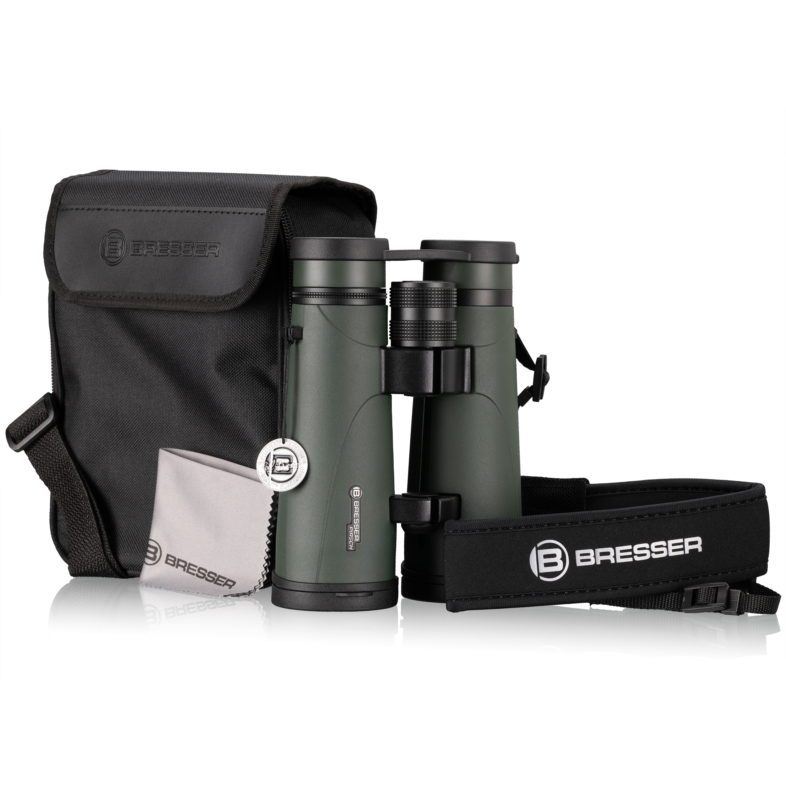Binoculars with a black case, cleaning cloth, and strap. All items are on a white surface.