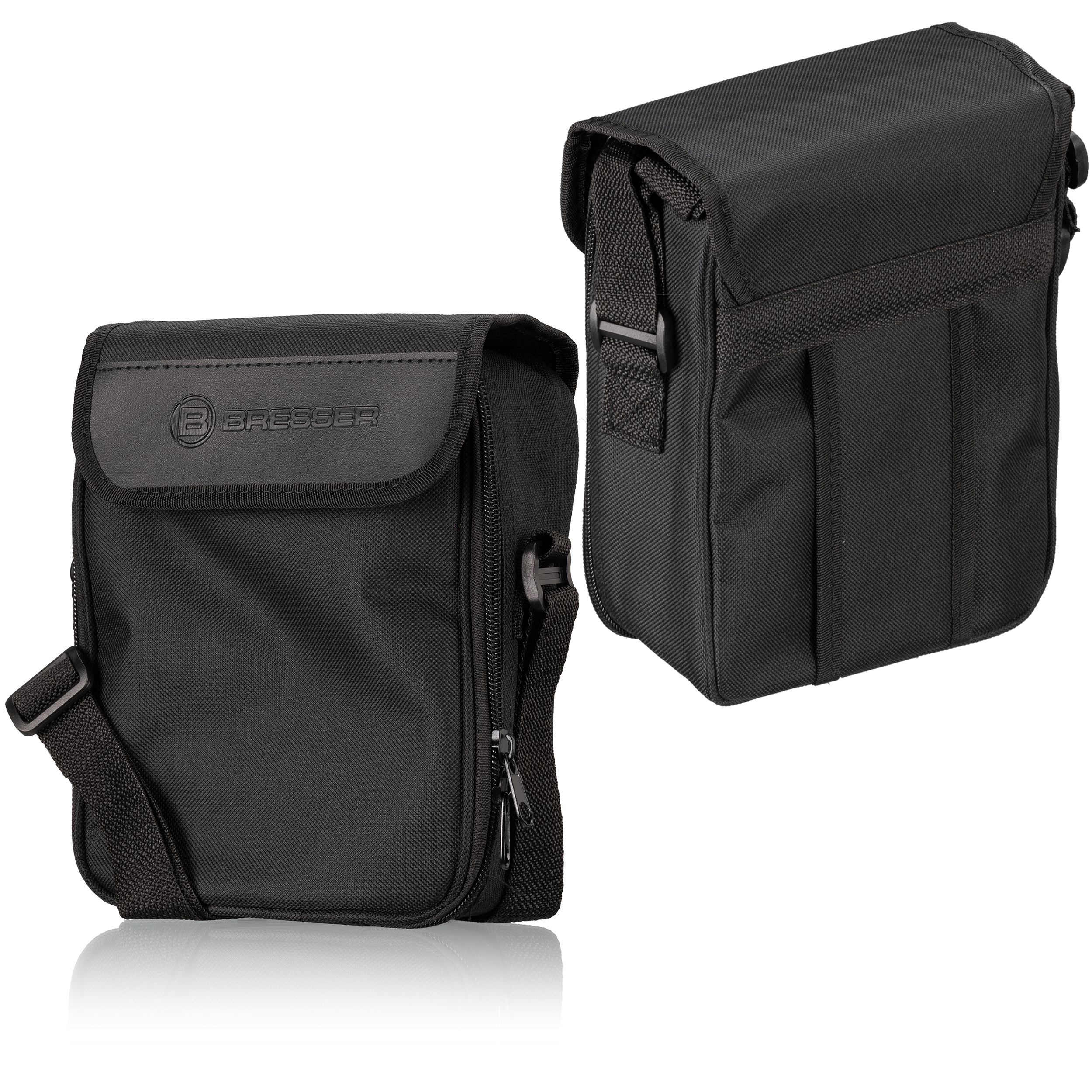 Black Bresser binocular case with a black strap. The bag features a logo.
