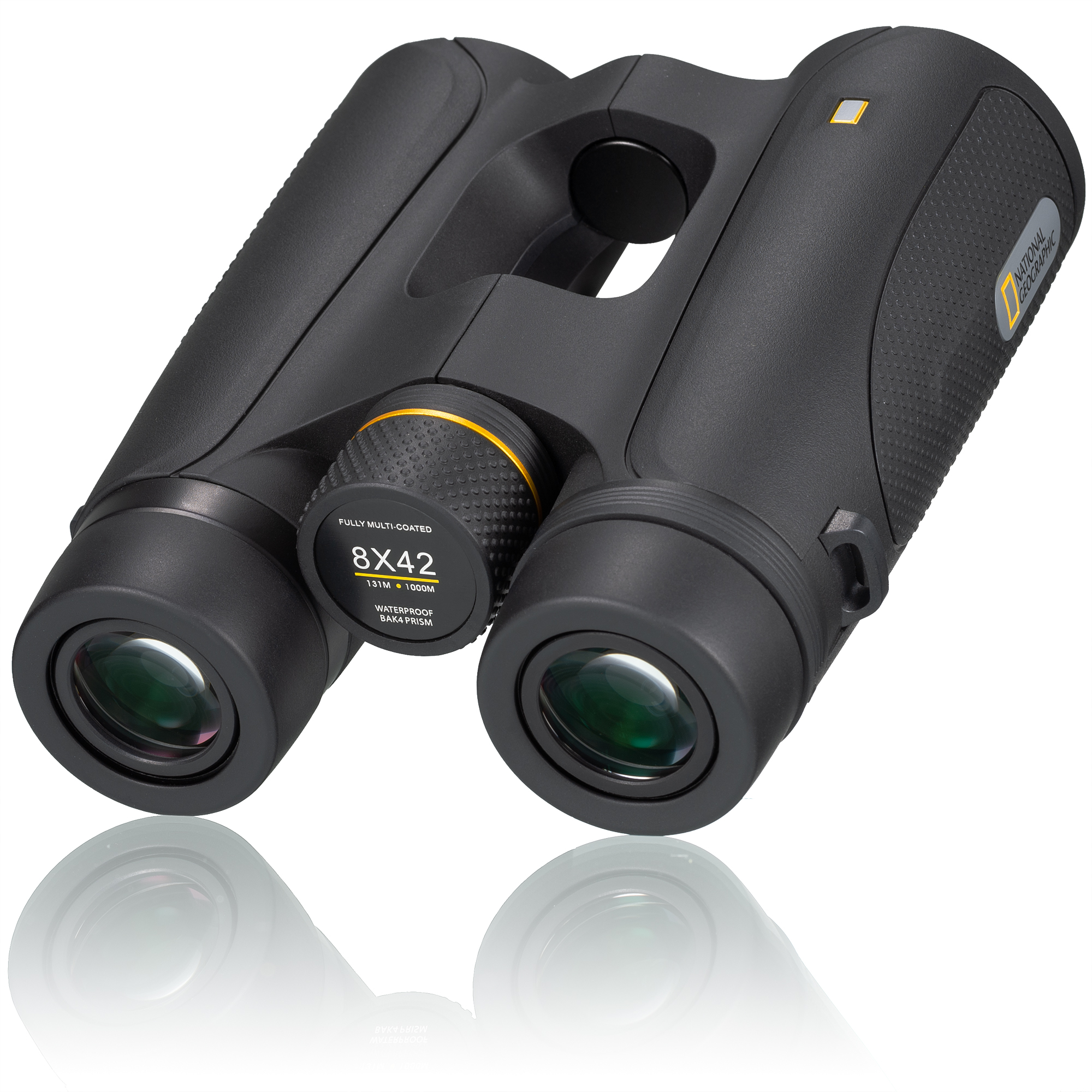 Black binoculars with yellow details. Text: 8x42, fully multi-coated. White background.