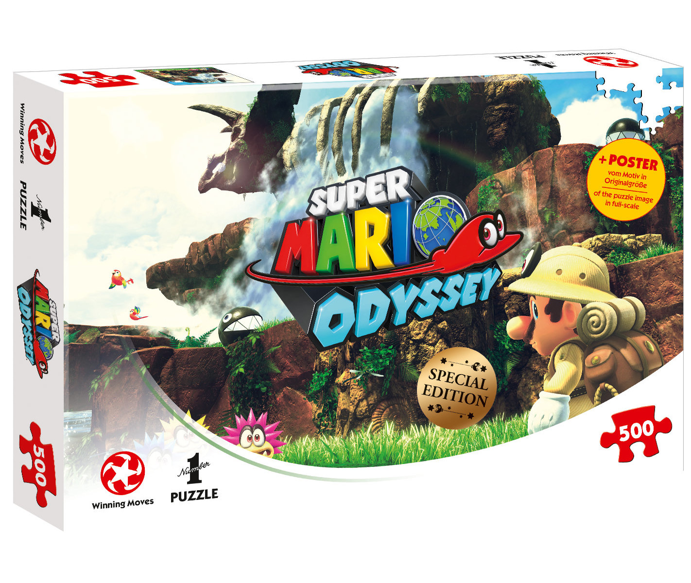 Eine Super Mario Odyssey Puzzlebox mit dem Cover-Art des Spiels, mit Mario.