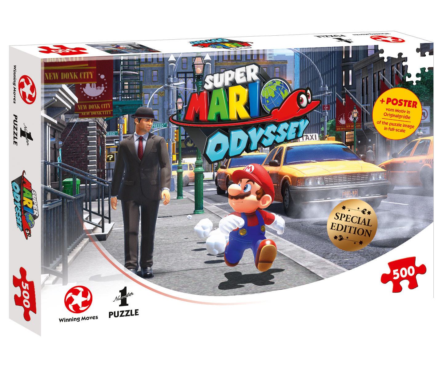 Puzzledose zeigt Mario, der in einer Stadtszene mit Taxis und einem Mann im Anzug rennt.