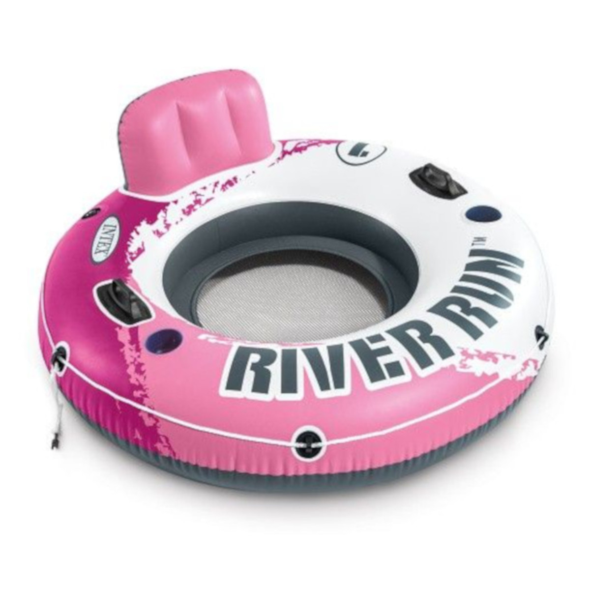 Rosa-weißer aufblasbarer River-Float. Mit rosa Rückenlehne und Text 'RIVER RUN'.