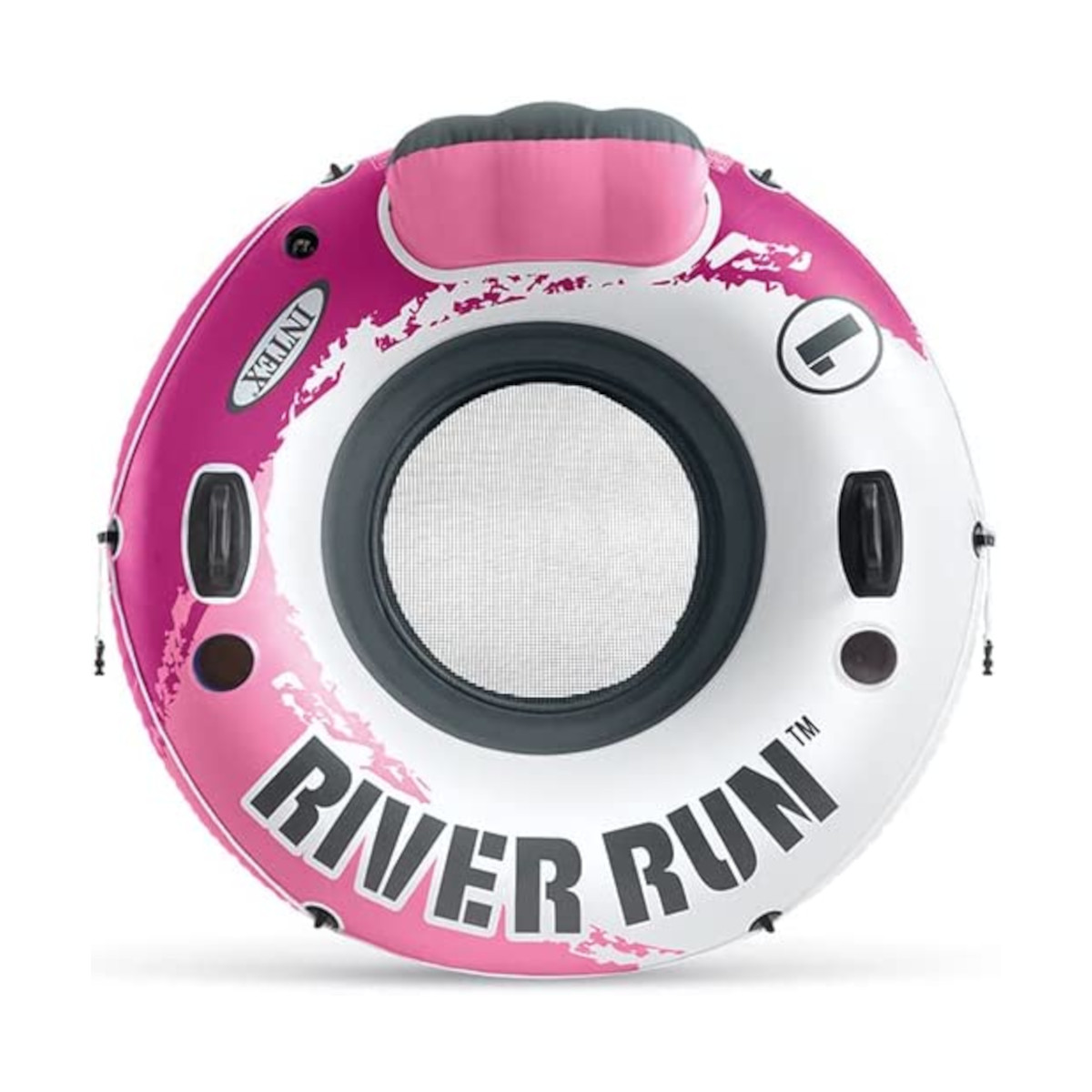 Rosa-weißer Fluss-Schwimmer mit weißem Schriftzug 'RIVER RUN'. Schwarze Griffe und Akzente.