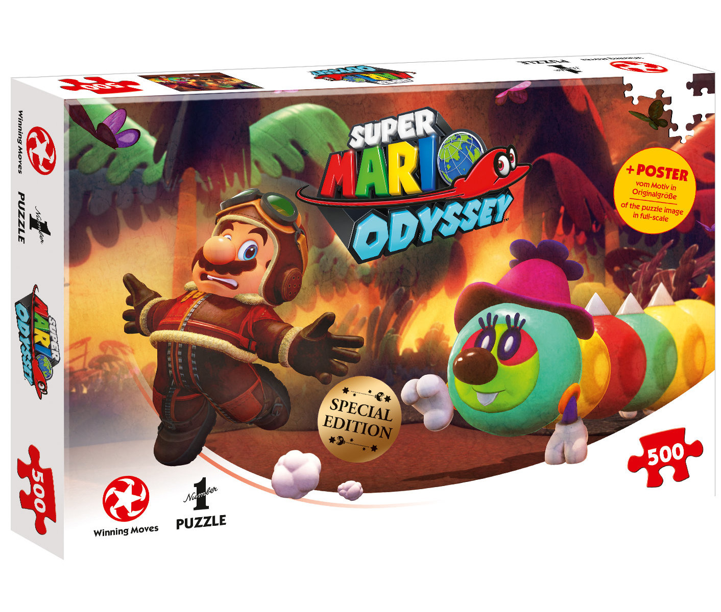 Eine Super Mario Odyssey Puzzlebox mit einem Puzzlebild von Mario und einer Raupe.