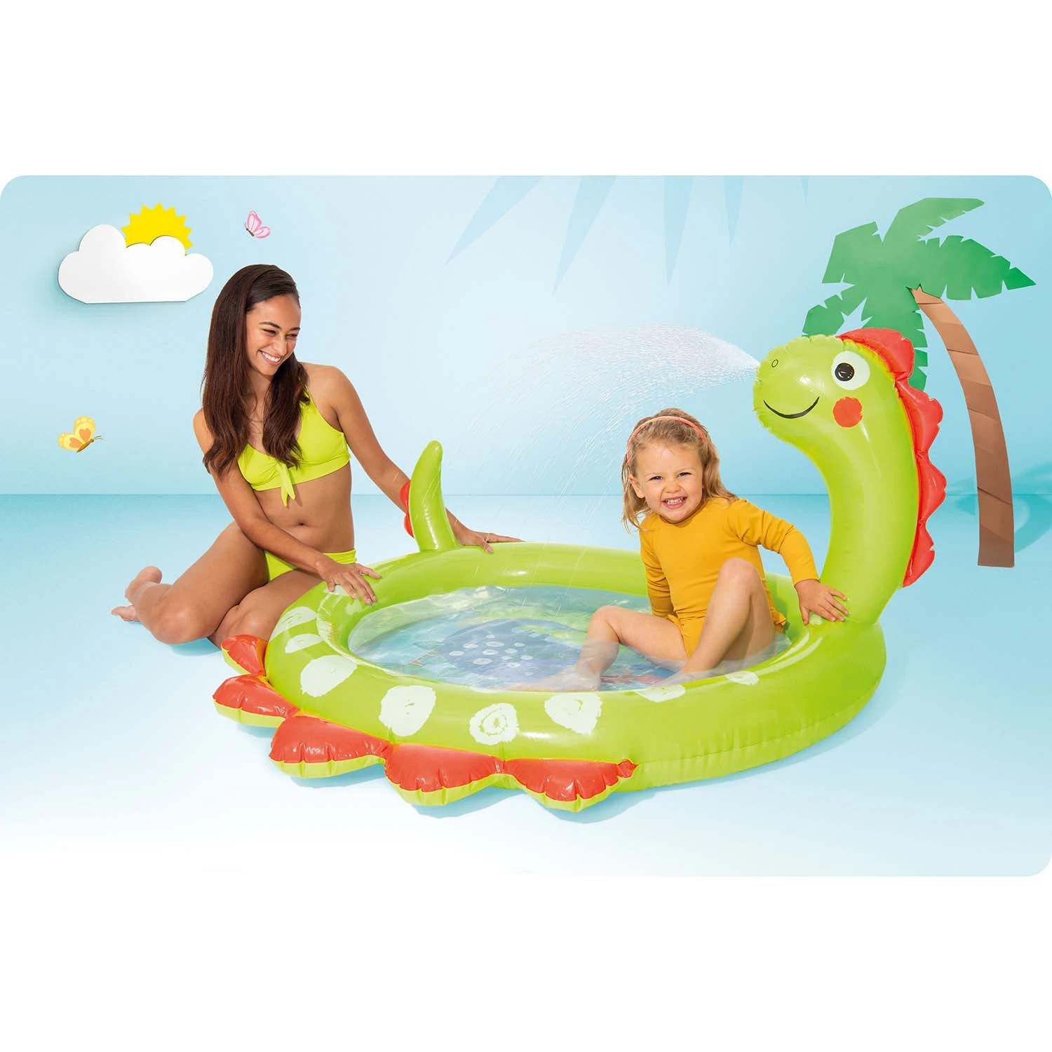 Frau und Kind in einem Dinosaurier-Pool mit Wasserspritzer.