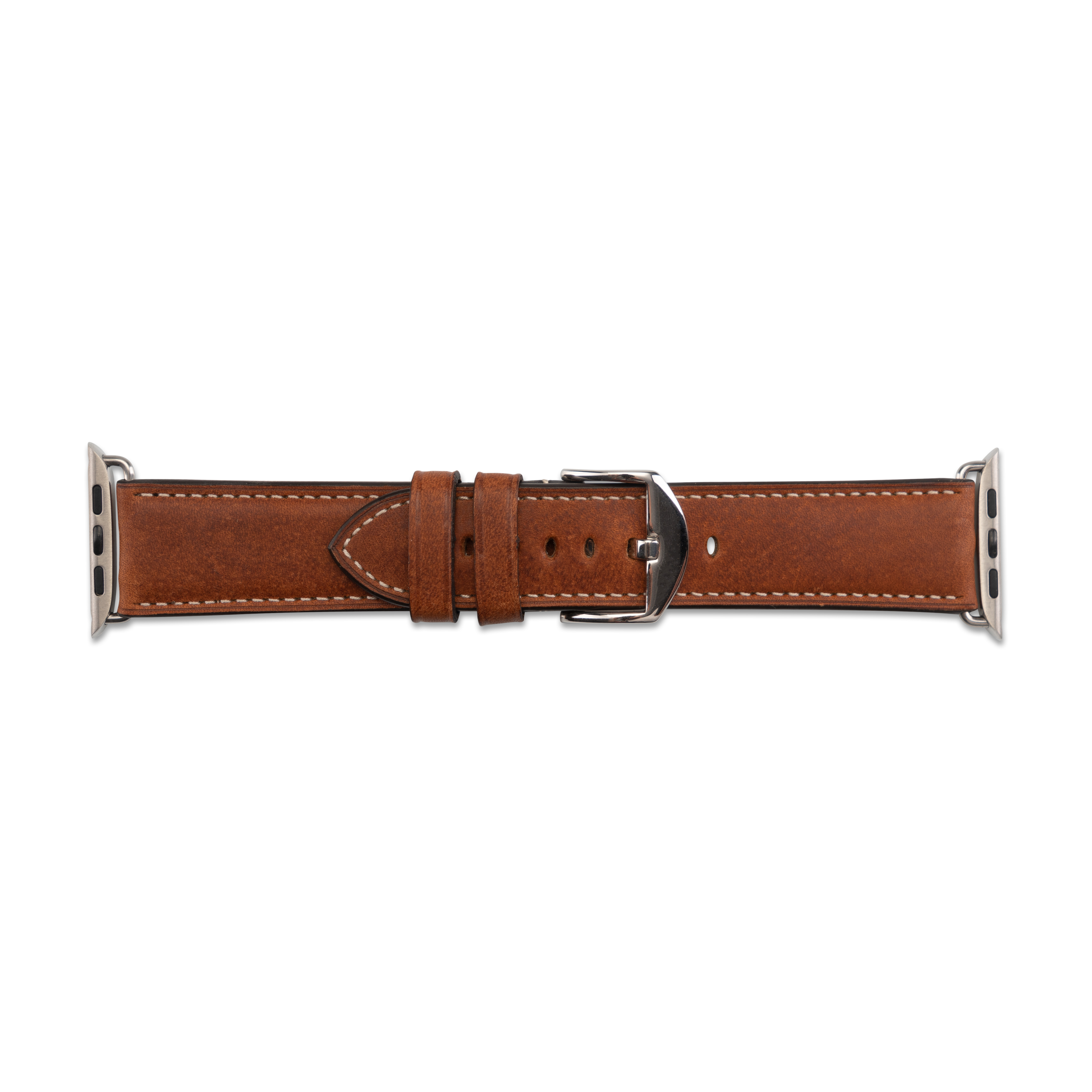 Braunes Leder-Apple Watch-Armband mit Metallschnalle, auf weißem Hintergrund.