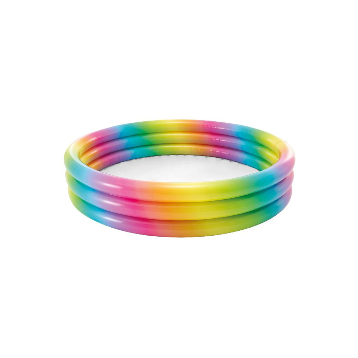 Dreifach-Ring-Aufstellpool in Regenbogenfarben. Der Pool befindet sich auf weißem Hintergrund. Die Ringe sind aufgeblasen.