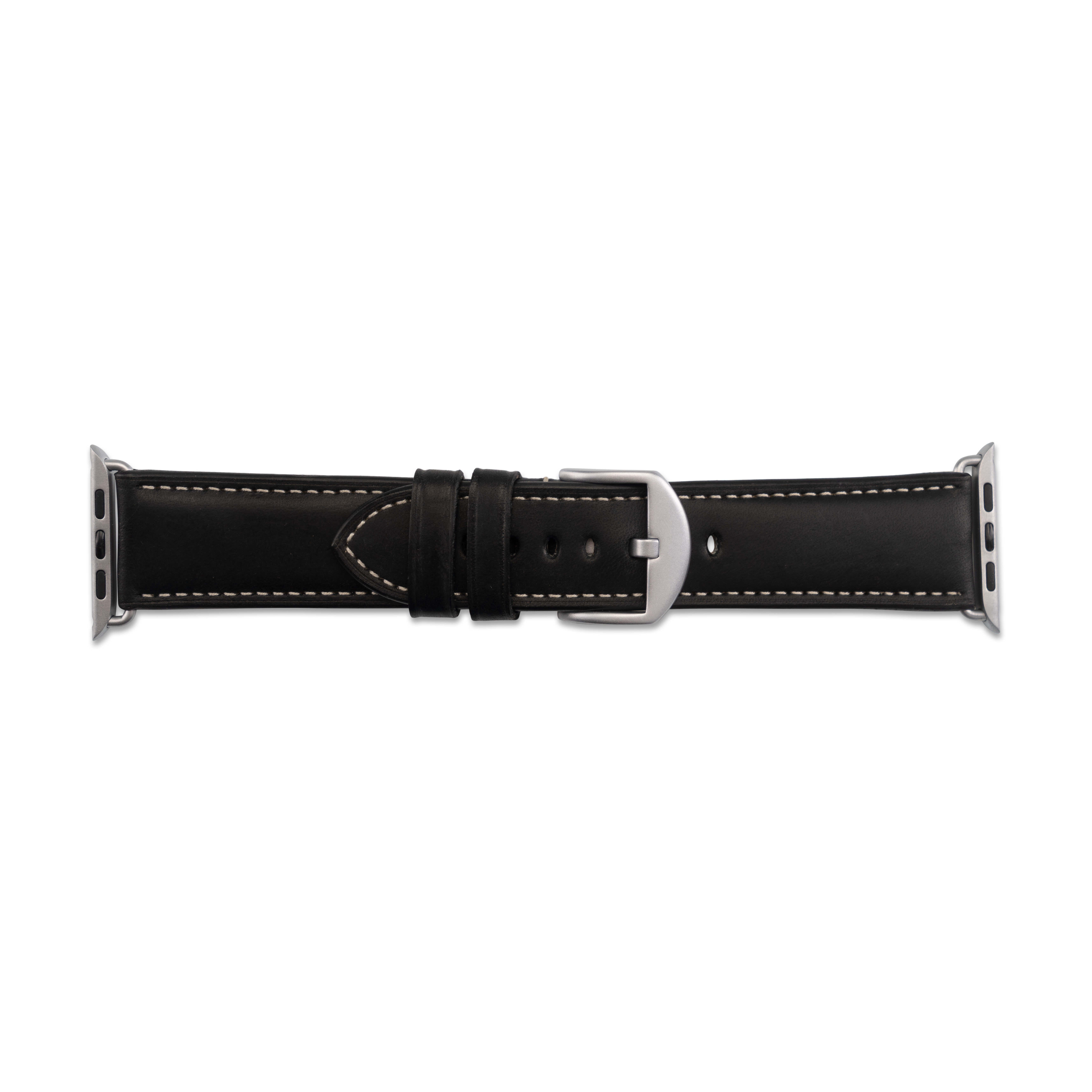 Schwarzes Leder-Uhrenarmband mit silberner Schnalle. Weiße Naht. Weißer Hintergrund.