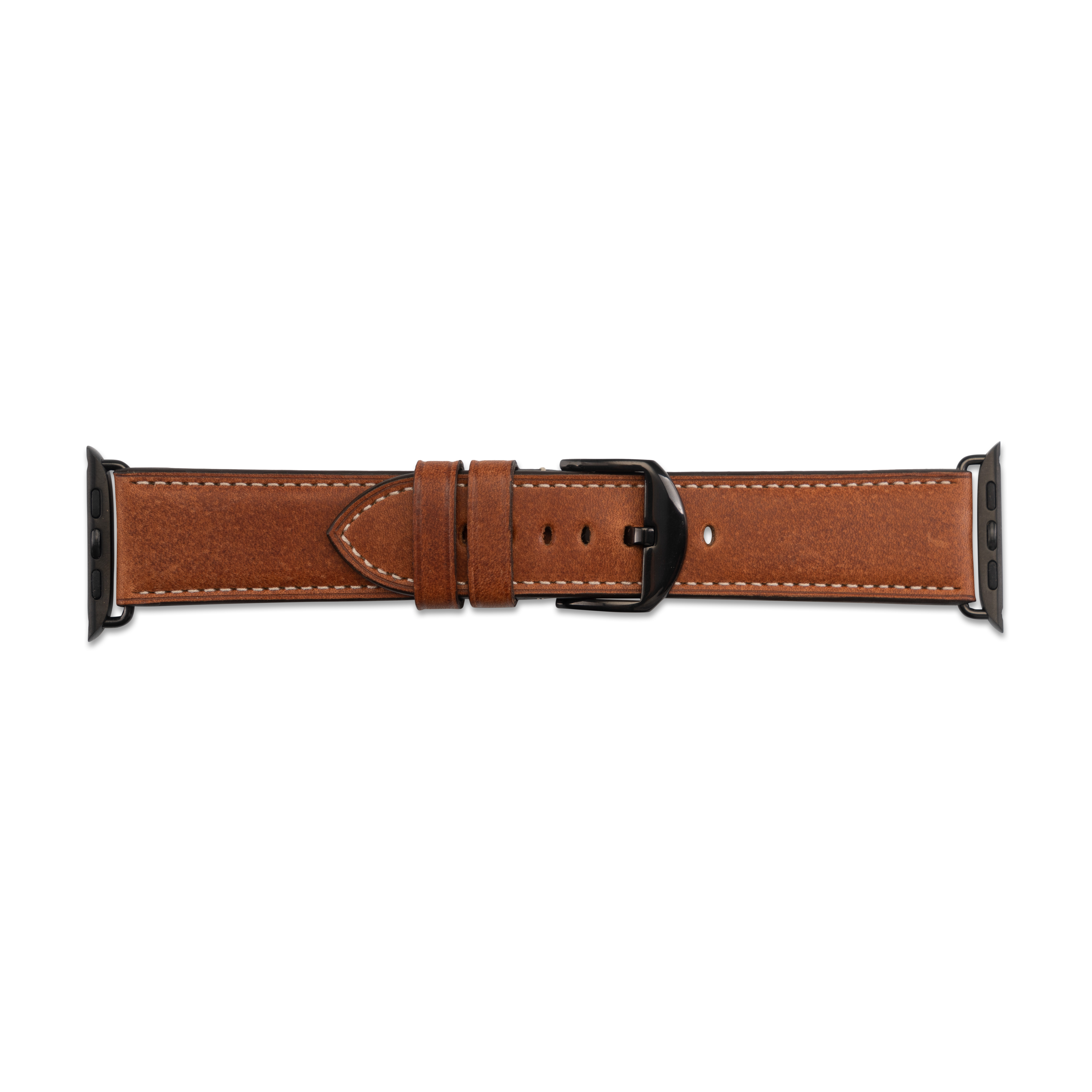 Braunes Leder-Armband mit schwarzer Schnalle. Weiße Nähte an den Rändern des Armbands.
