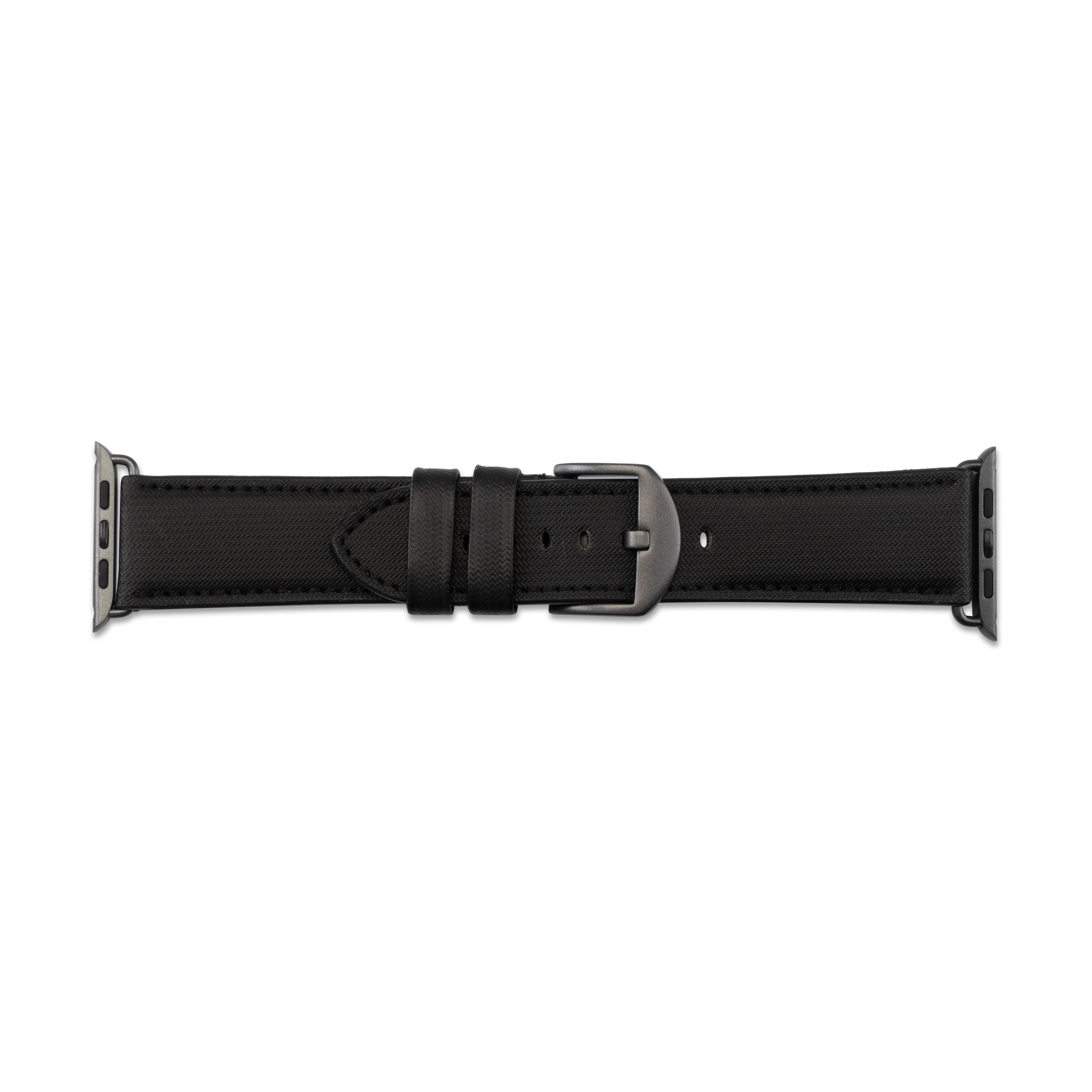 Apple Watch Armband, schwarzes Leder. Schnalle und Anschlüsse sind sichtbar.