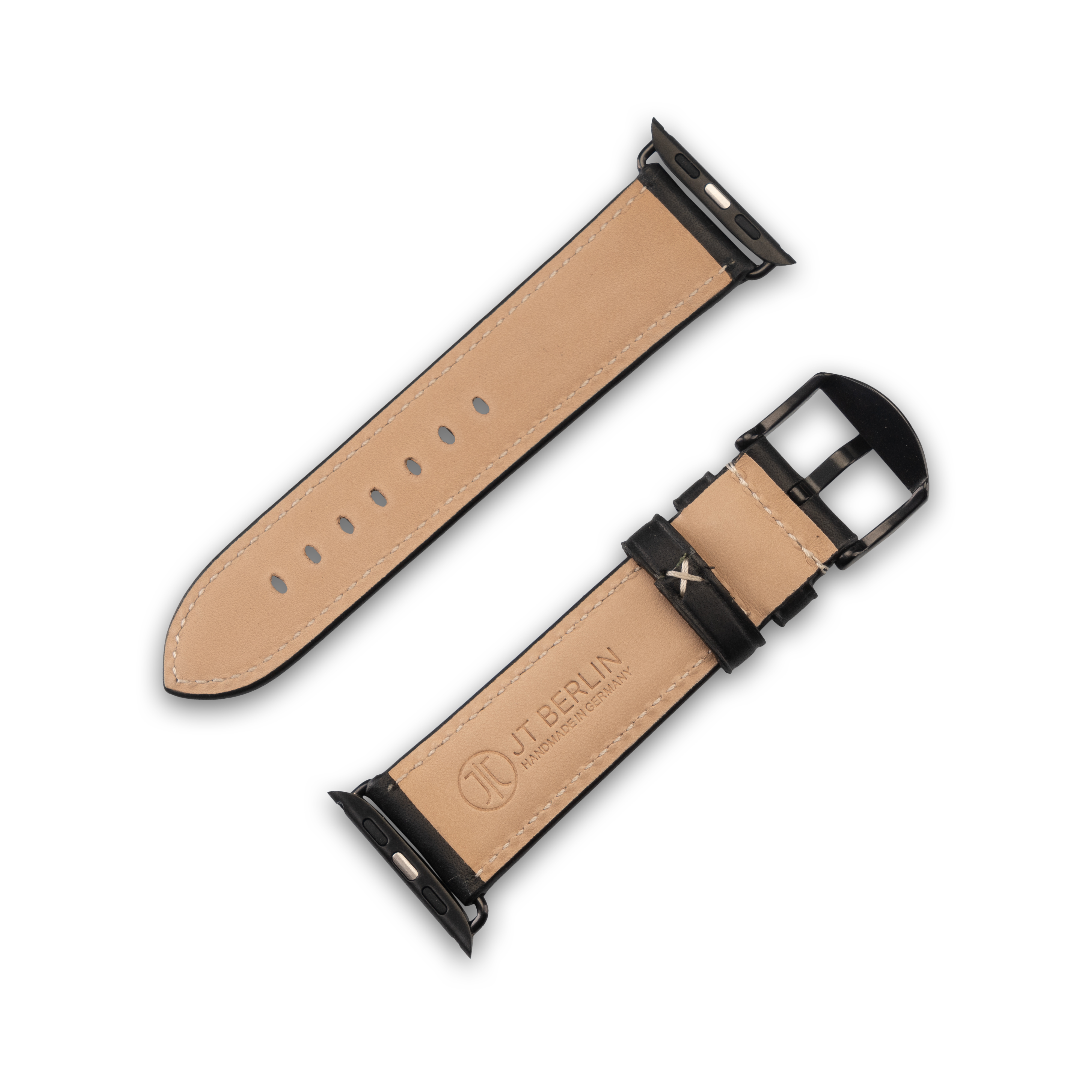 Zweiteiliges schwarzes Lederarmband auf Weiß. 'JT BERLIN'-Logo sichtbar.
